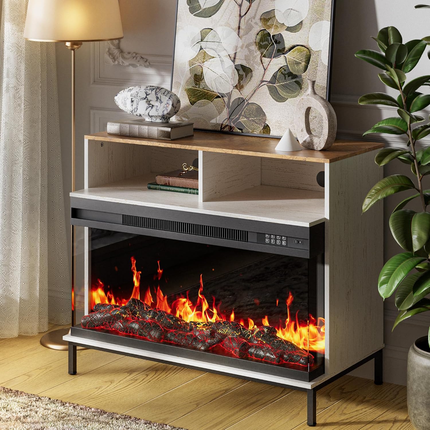 38 Inch Electric Fireplace with Mantel,3-Sided Glass Farmhouse Fireplace Heater Freestanding with Remote Control for Living Room, Bedroom, White
