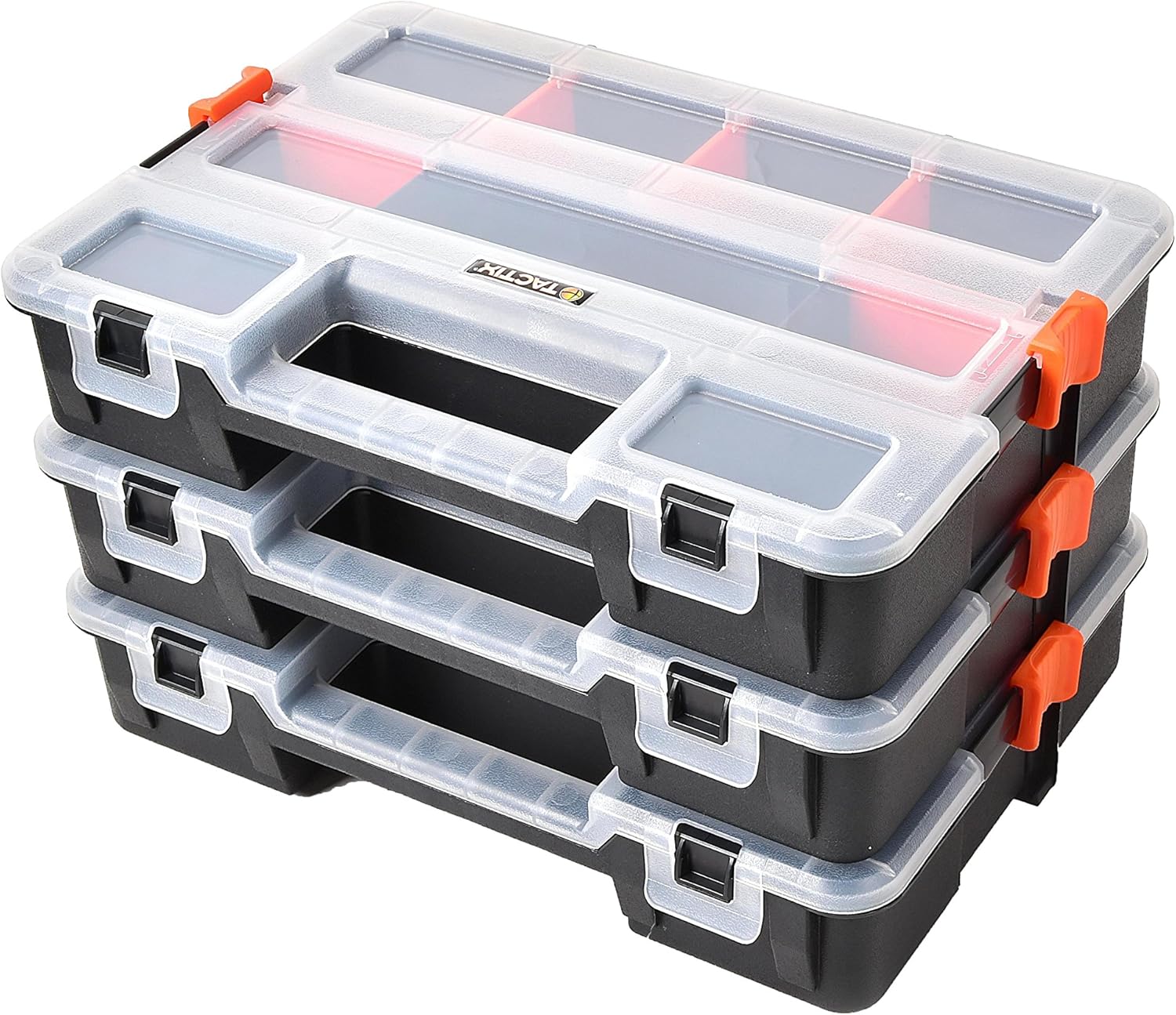 Tactix Assortment Box Suitcase, 3 Stackable Organisers with Removable Dividers, Side Lock for Secure Stacking, 320027