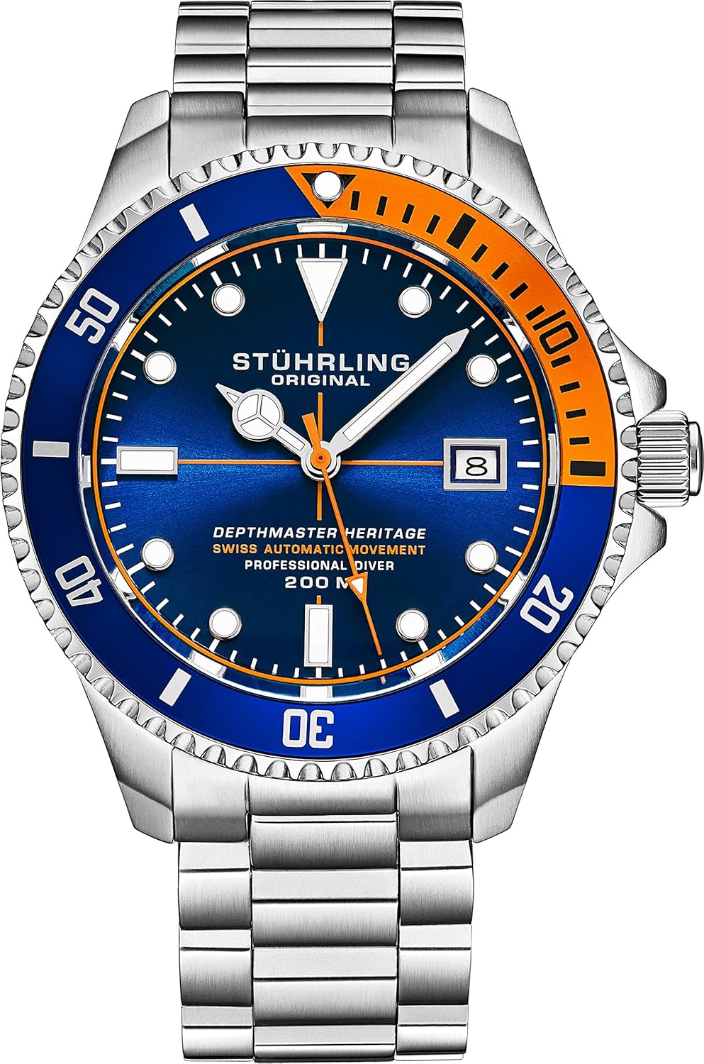 Mens Swiss Automatic Stainless Steel Professiona Dive Watch, 200 Meters Water Resistant, Safety Clasp Screw Down Crown