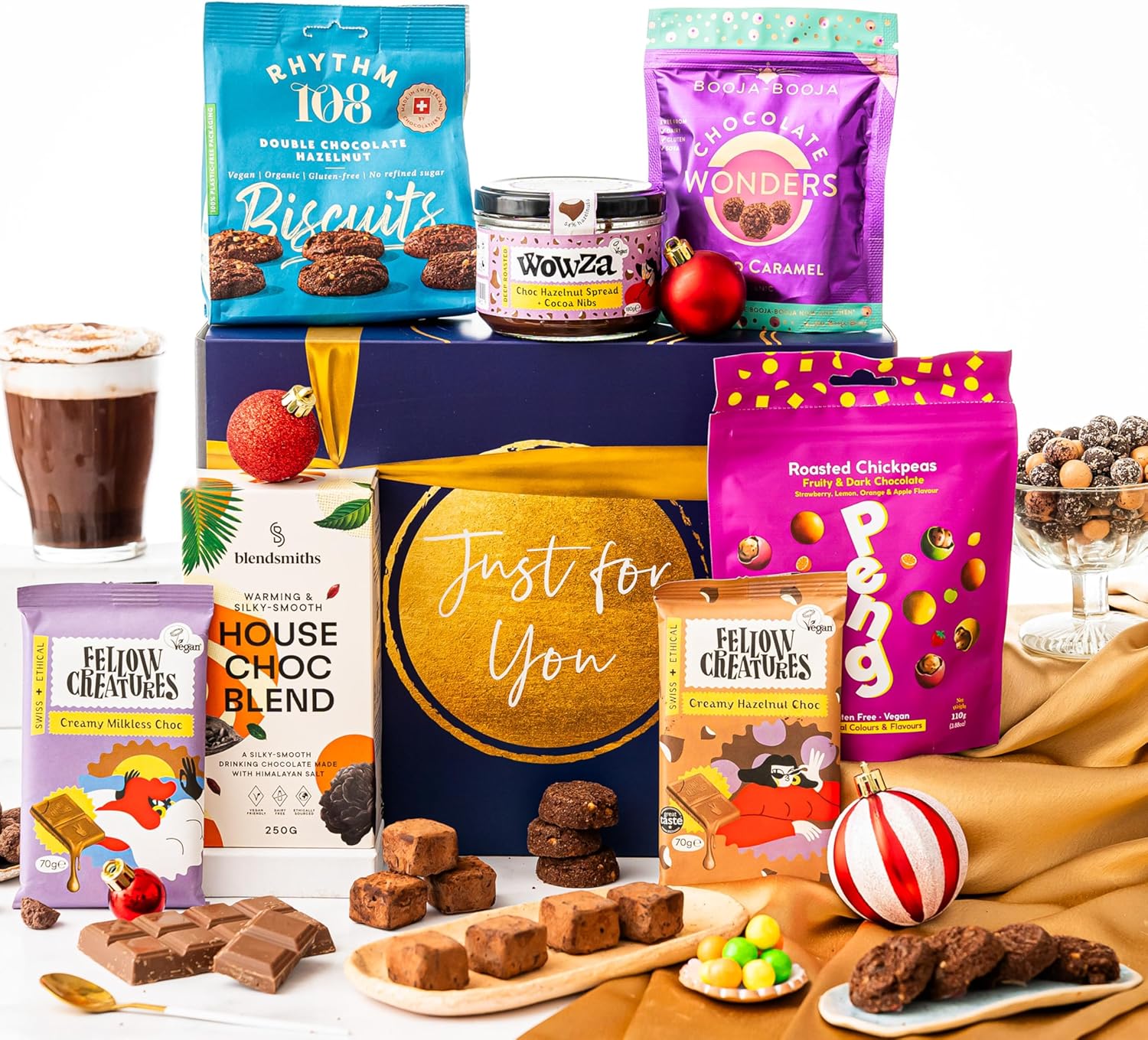 Just Because Hot Chocolate Gift Hamper Basket, Luxury Gourmet Gifts for Women, Men or Couples, Dairy Free, Gluten Free and Vegan Chocolate by EDEN Treats