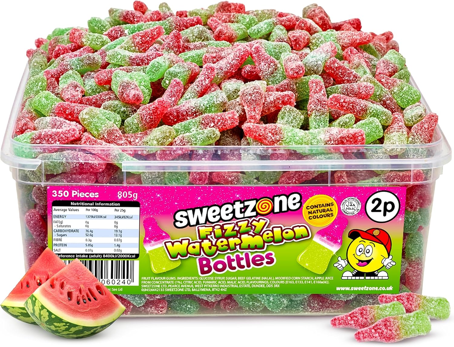 Sweetzone Fizzy Watermelon Bottles 805 g, 350 Pcs Sweets Tub, Halal Sweets, Sour Sweets, Gummy Candy, Jelly Sweets, Gummies Candy, Fizzy Sweets, Tubs of Sweets for Retro Sweets for Your Sweet Tooth