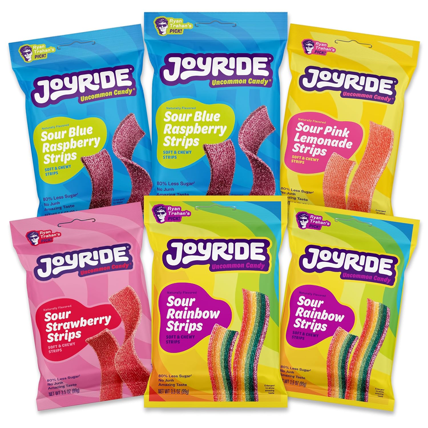 JOYRIDE Sour Strips Variety Pack - Sour Belt Candy, 6-Pack Bundle | Includes Blue Raspberry, Strawberry, Pink Lemonade, and Rainbow.Low Sugar, Dye Free, Low Calorie Sour Gummies