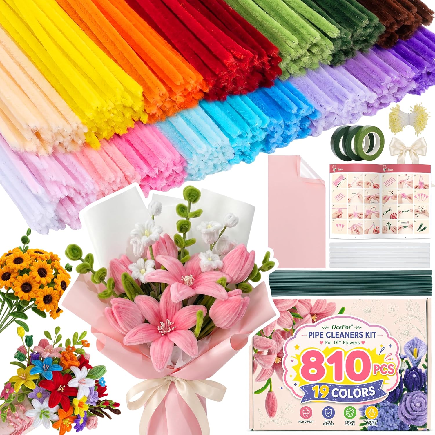 OcePor 810 Pcs Pipe Cleaner Flower Kit, 19 Colors Pastel Pipe Cleaners Bulk