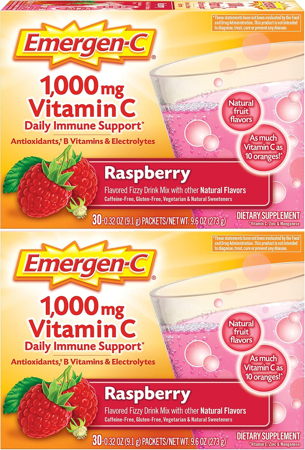 Emergen-C Vitamin C 1000mg Immune Support Powder, Raspberry, 60 Packets