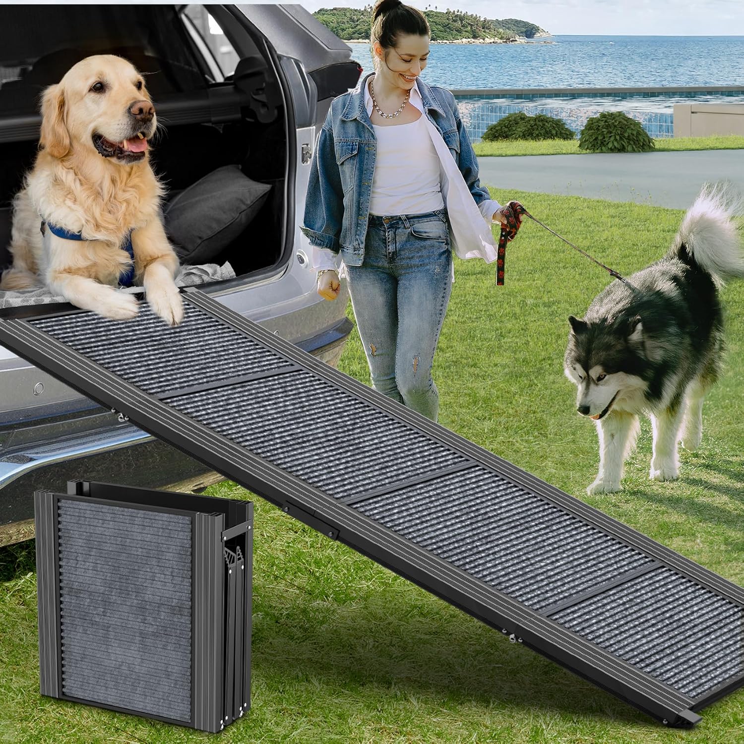 Dog Ramp for Car 63" Long & 17" Wide Portable Dog Ramps for Large Dogs with Non-Slip Rug Surface Dog Car Ramp for SUV Car & Truck, Folding Dog Ramp Up to 250LBS