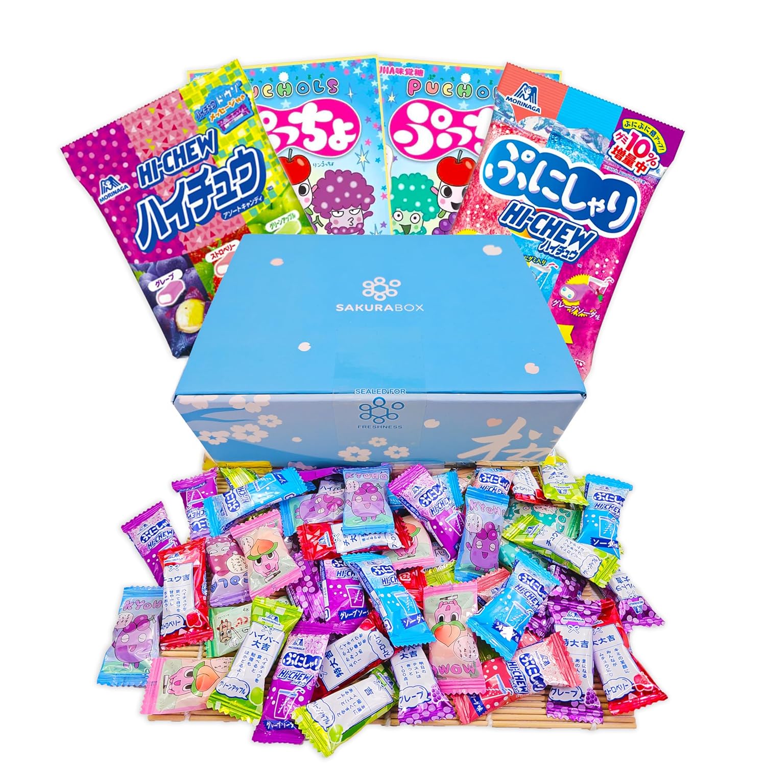 Popular Japanese Taffy Candy Gift Box Assortment, 100+ Pieces 10+ Flavors Japanese Soft Candy Taffy Haichuu Puchao Japan import Fruit Mix