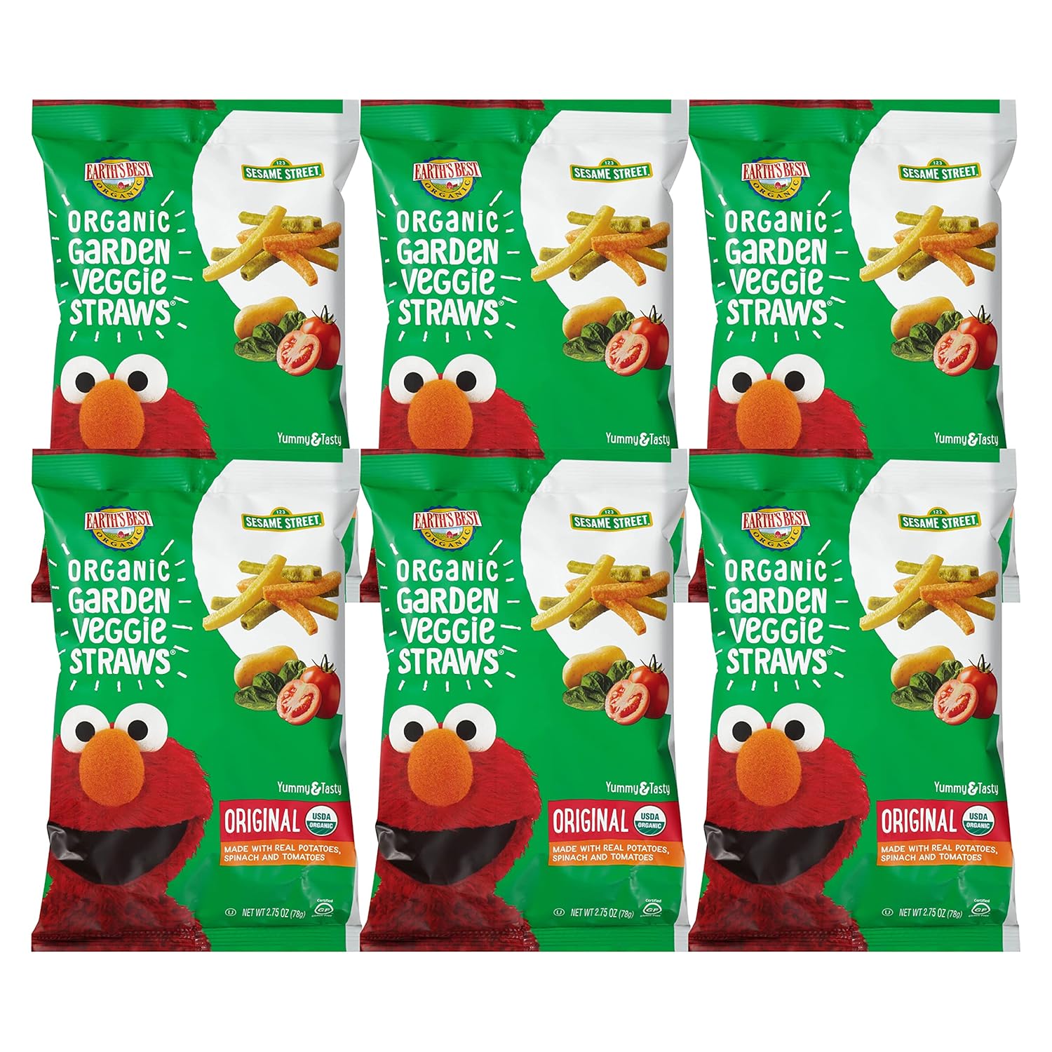 Earth's Best Organic Kids Snacks, Sesame Street Toddler Snacks, Organic Garden Veggie Straws for Toddlers 2 Years and Older, Original, 2.75 oz Bag, (Pack of 6)