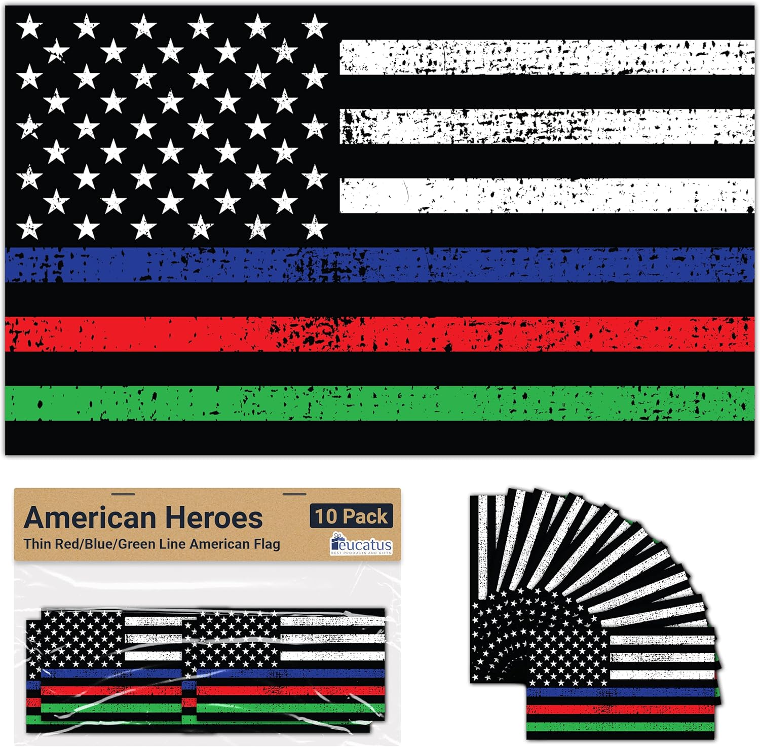 Premium, Distressed Thin Red Blue Green Line Flag 3x5 Inch Decals 10 PK. Glossy USA Made Vinyl Car, Truck or Van Bumper Stickers S Thin Line Flag Set 0