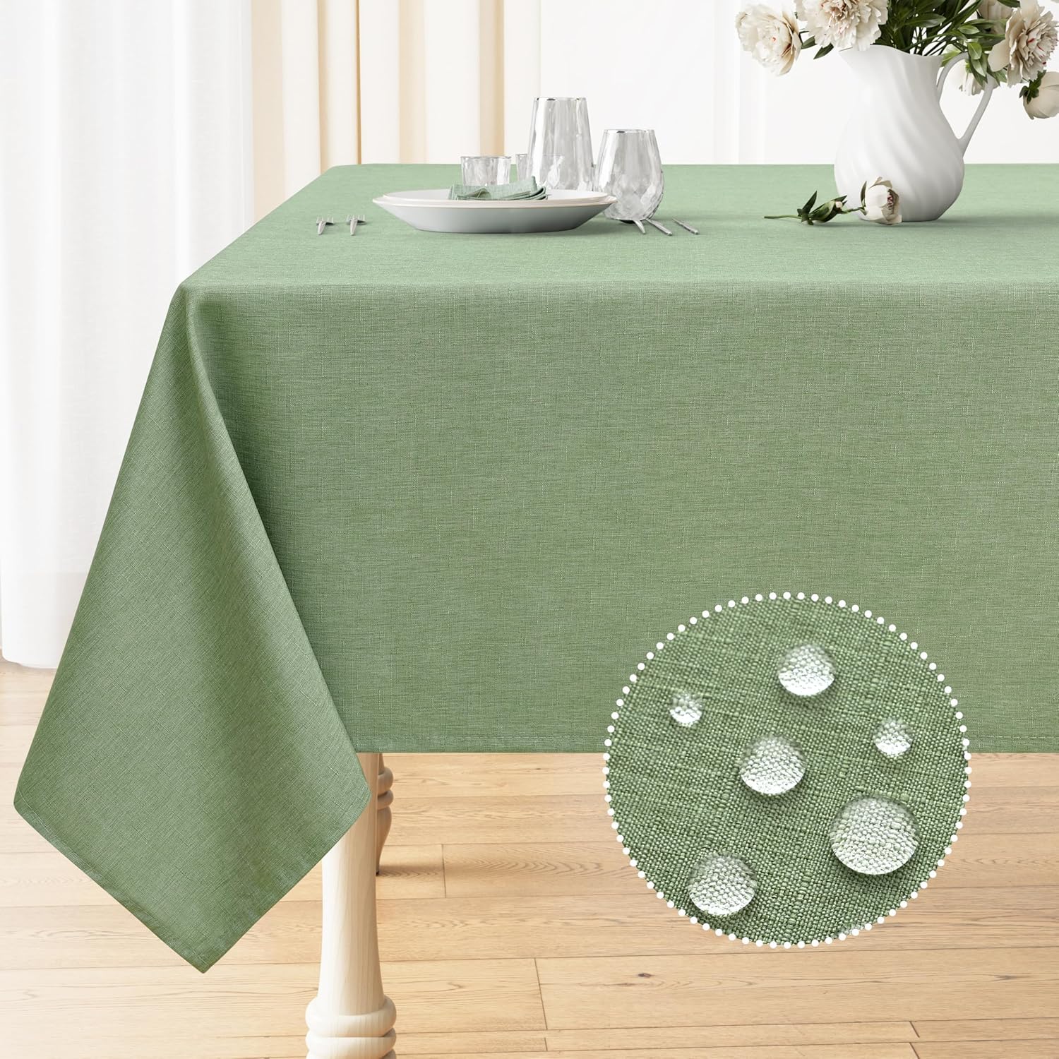 Smiry Rectangle Linen Tablecloth, Waterproof Spillproof Anti-Wrinkle Burlap Table Cloth, Washable Decorative Farmhouse Fabric Table Covers for Dining, Fall Parties, Banquets, 52x70 Inch, Sage Green