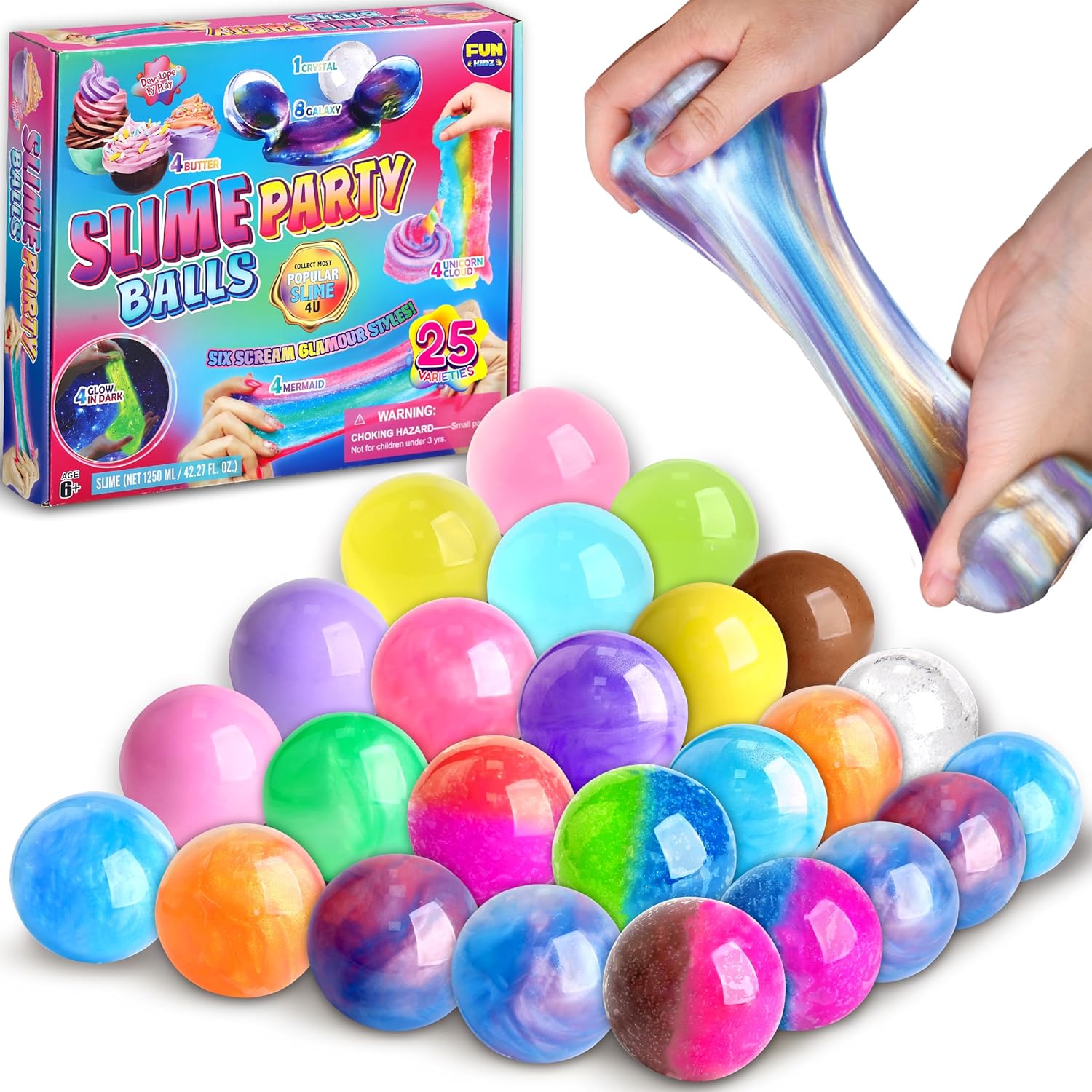 Big 25 Variety Slime Balls Party Favors for Kids, FunKidz 5.5cm Ball Size Bulk Premade Slime Pack Toys for Boys Girls 6-12 with Galaxy, Butter, Cloud, Unicorn, Mermaid, Glow, Clear Slimes