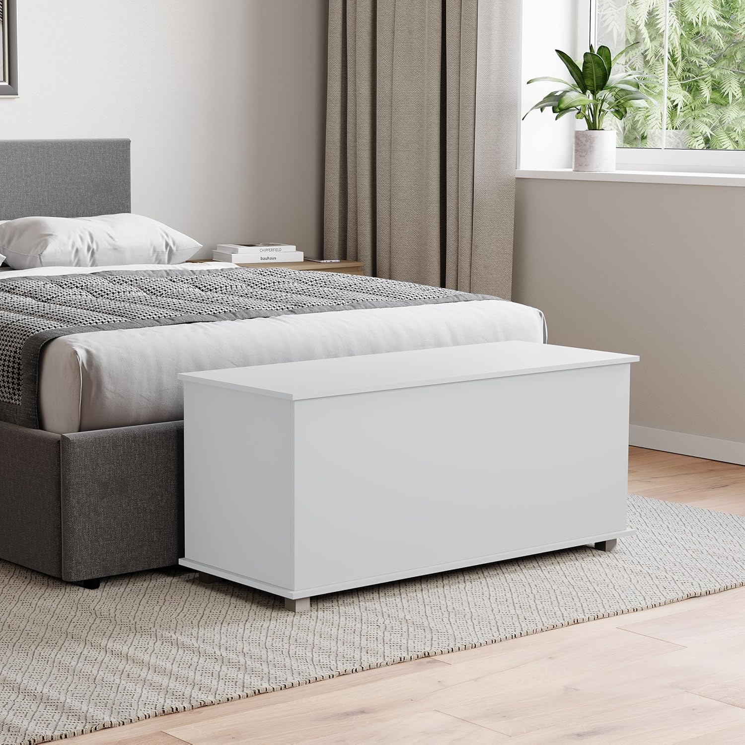 Vida Designs Leon Storage Ottoman, Wooden Chest with Lid, Seat, Stool, Window Bench, Blankets, Bedding, Toy Box, Footstool, White