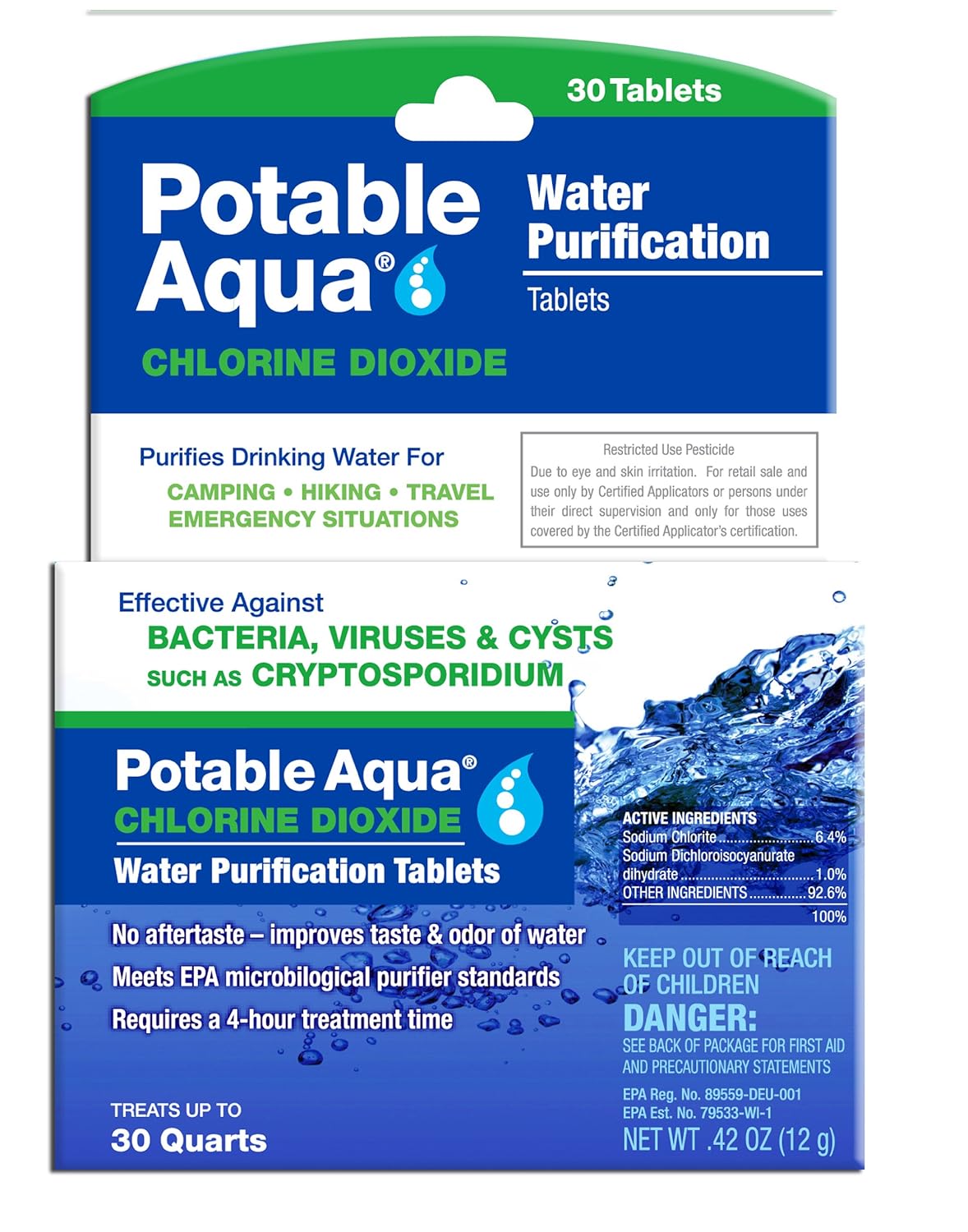 potable aqua Chlorine Dioxide Water Purification Tablets - 30 Count, Blue, (3093)