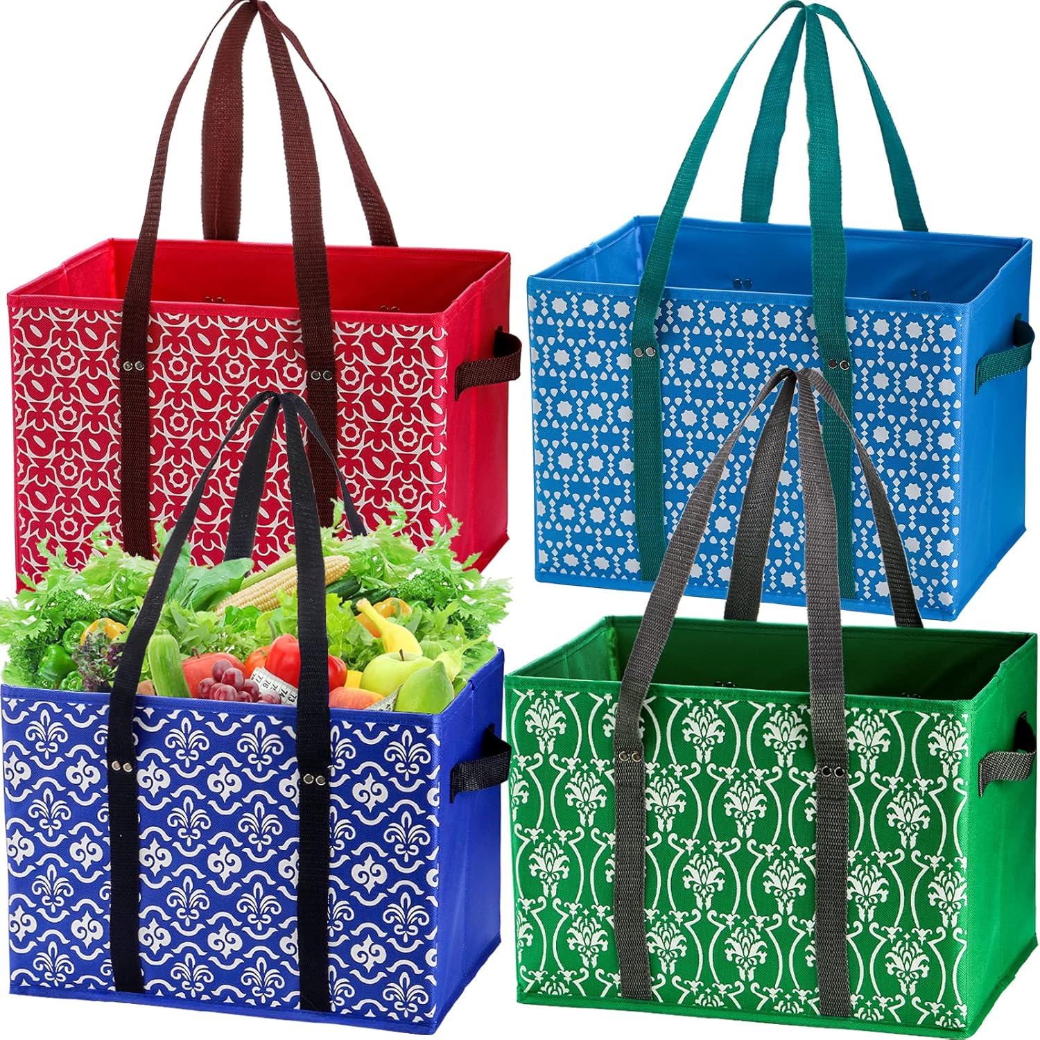 WUWEOT 4 Pack Reusable Grocery Bags, Large Shopping Box Tote, Foldable Washable Box Bag with Reinforced Bottom Heavy Duty Handles for Fruit Vegetable Clothes Toys and Picnic