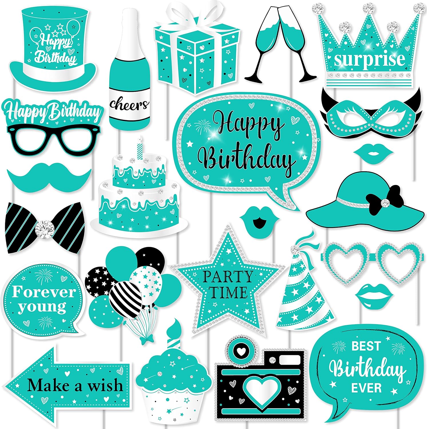 Fangleland Turquoise Birthday Photo Booth Props, 24PCS Teal Blue Happy Birthday Decorations with Forever Young Selfie Picture Props for Adults Birthday Party Supplies