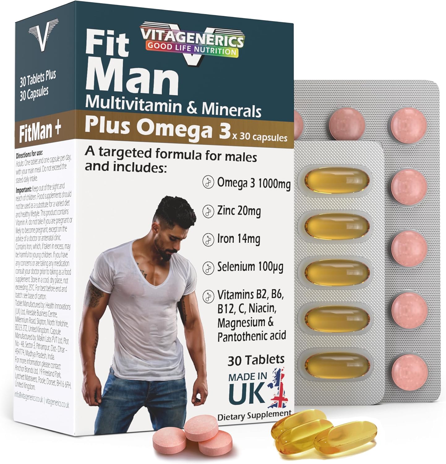 VITAGENERICS FitMan Multivitamin & Minerals Plus Omega 3, 30 Tablets Plus 30 Capsules, with Zinc, Iron & B Vitamins, Made in UK