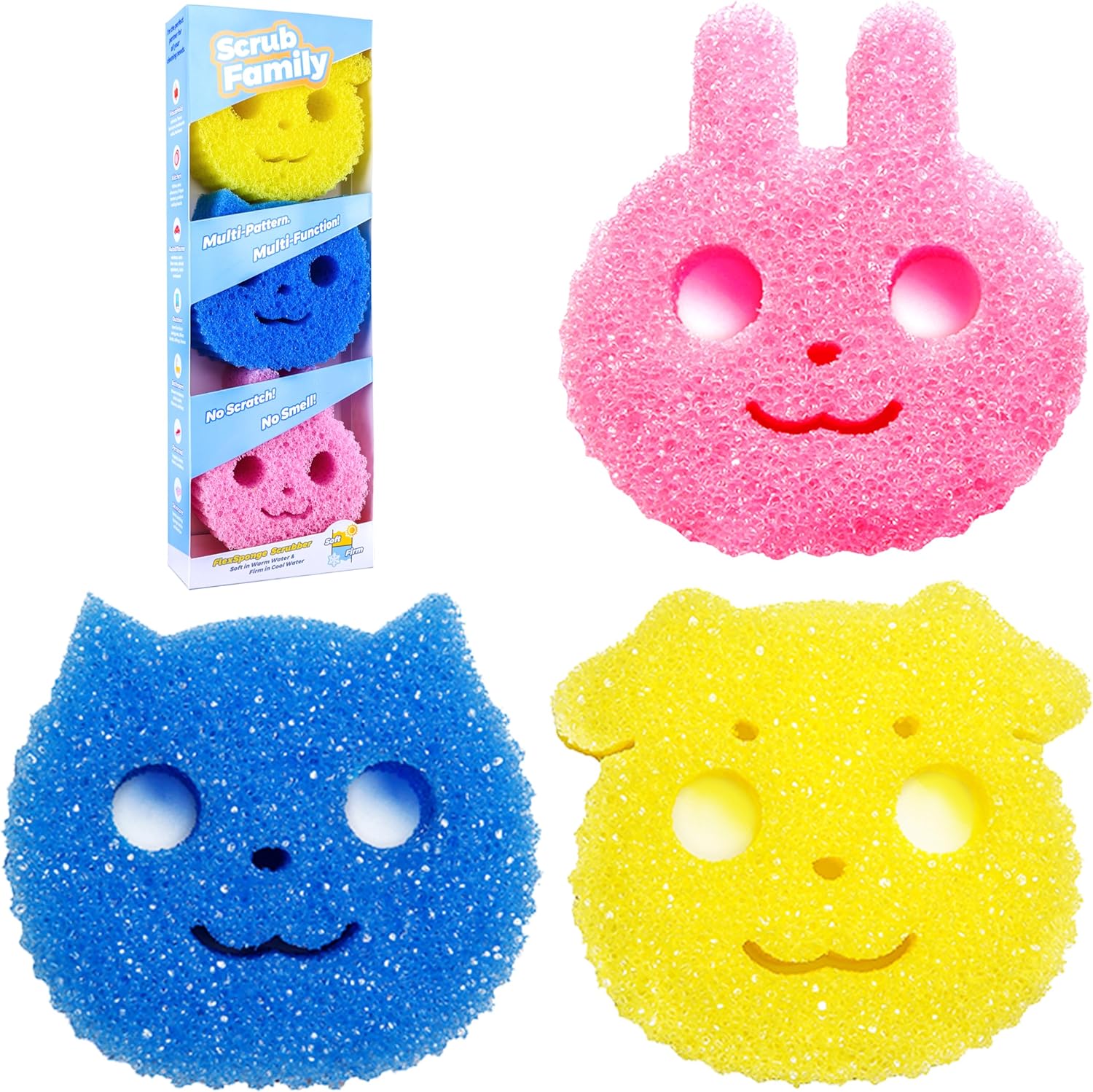 Functional Sponge Scrubber Set - Daddy Mommy Daily Scrub Sponge, Smiley Happy Face, Firm in Cold and Soft in Warm, Scratch Free, No Odor, 3 Cute Animal Patterns (3ct)