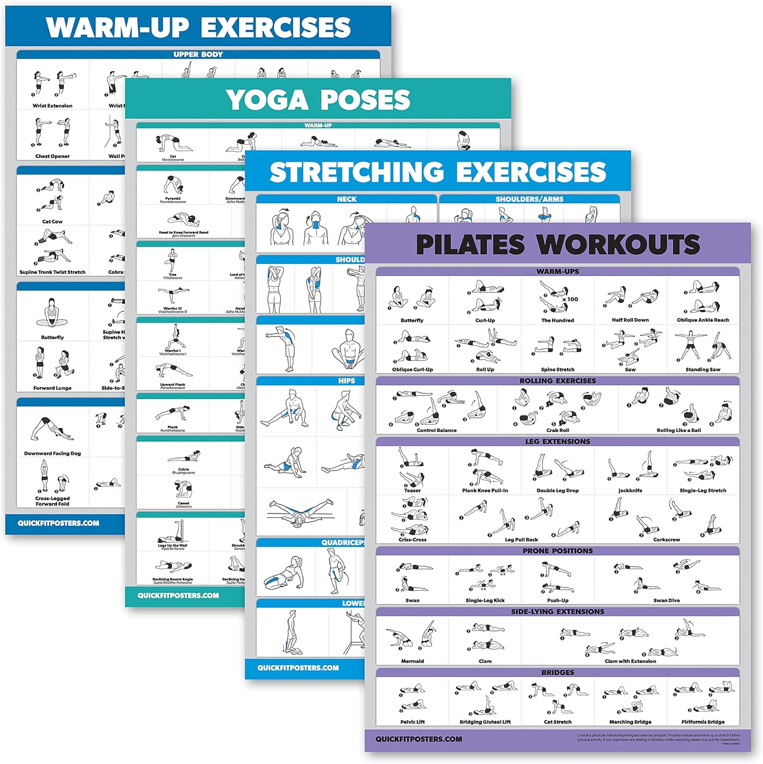 Palace Learning 4 Pack - Warm Up & Yoga Workouts + Stretching & Pilates Exercises - Set of 4 Laminated Charts (18' x 24')
