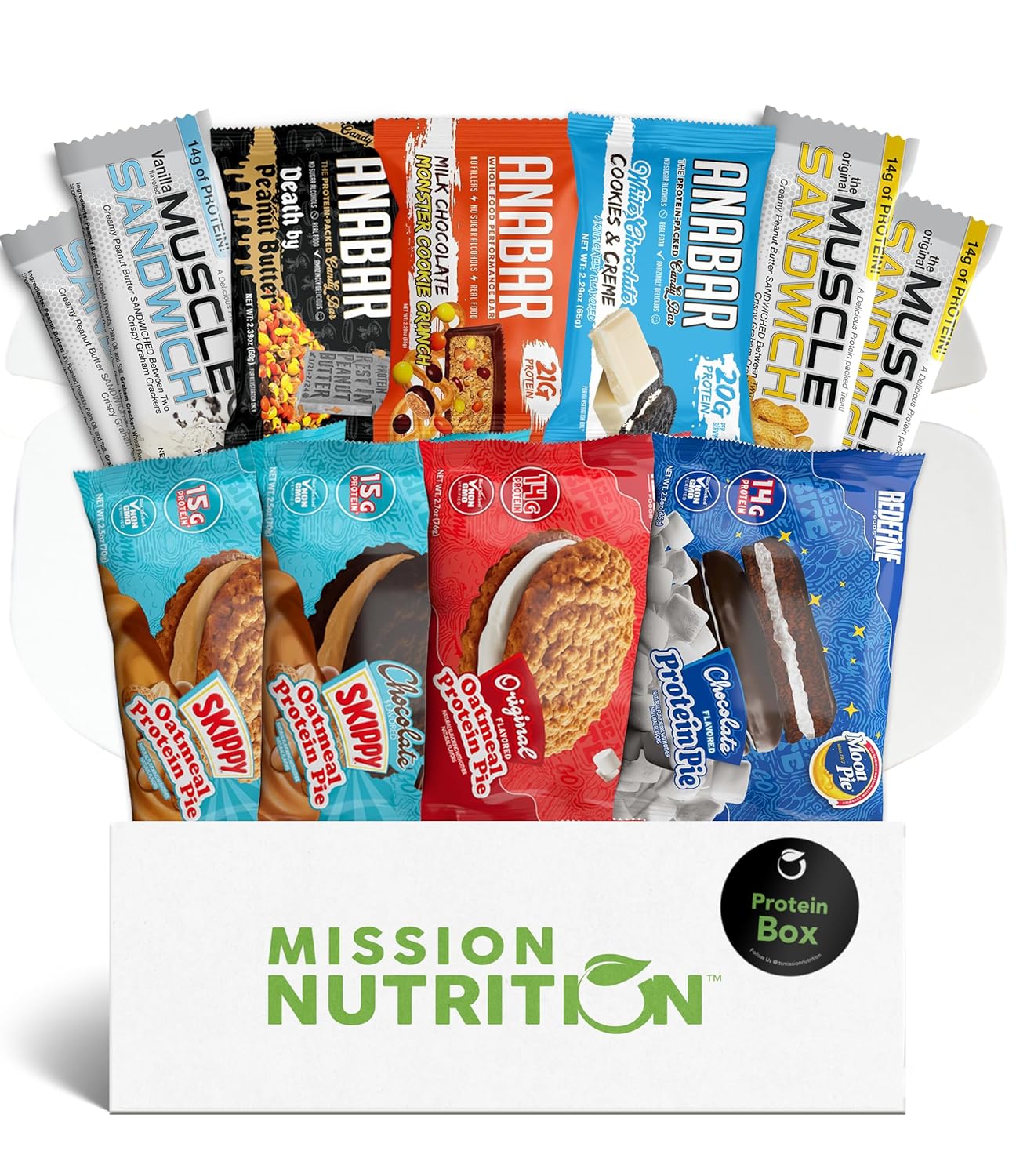 Redefine Oatmeal Protein Pie, Protein Moon Pie, Anabar Protein Bars, Muscle Sandwich - Delicious High Protein Snack Box by Mission Nutrition (11 Total Snacks) Gift Box