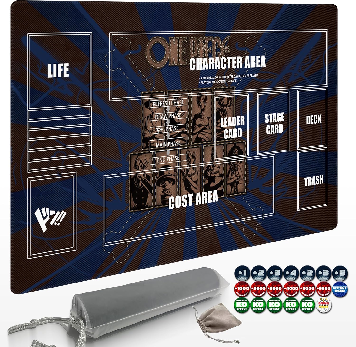 Playmat for One Piece Card Game (24x14 Inches): with Non-Slip Rubber, Zones Design, a Professional Storage Bag Included, Plus a Limited-Time Gift of a Set of 20 Damage Counters (Black1)