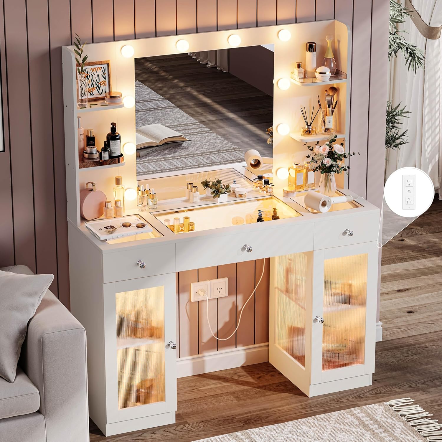 Makeup Vanity with Glass Top, White Vanity Desk with Mirror and Lights, Big Vanity with Drawers & Cabinets for Bedroom, Cute Vanity with Crystal Knobs & Power Outlet for Women