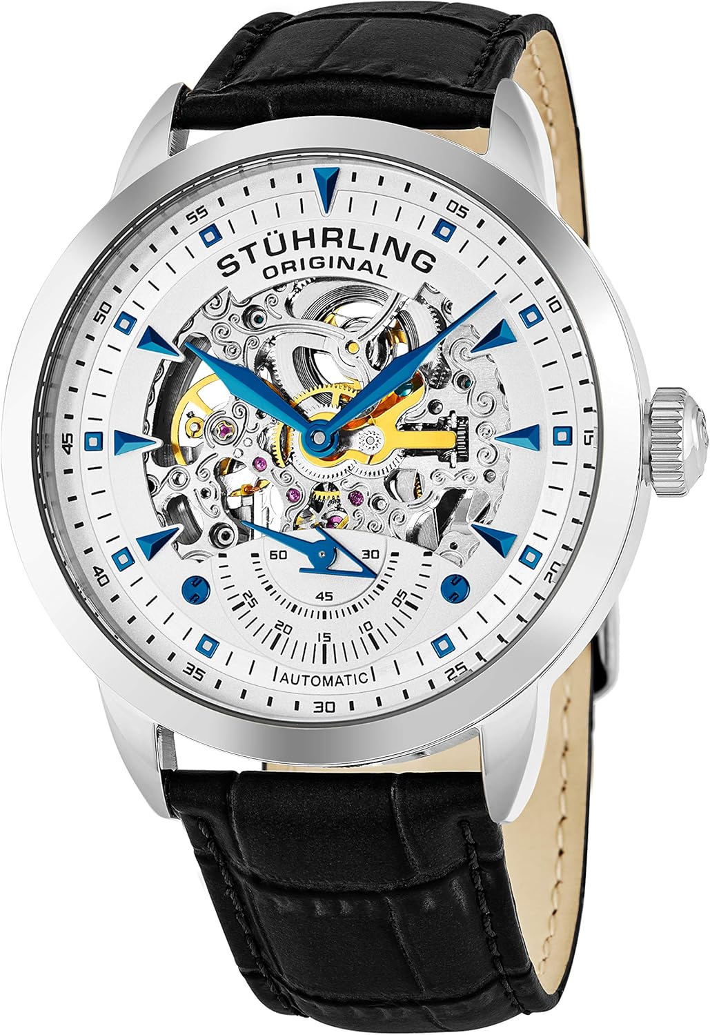 Stuhrling Original Mens Automatic Skeleton Watch - Black Leather Strap, Mechanical Silver Executive Watch