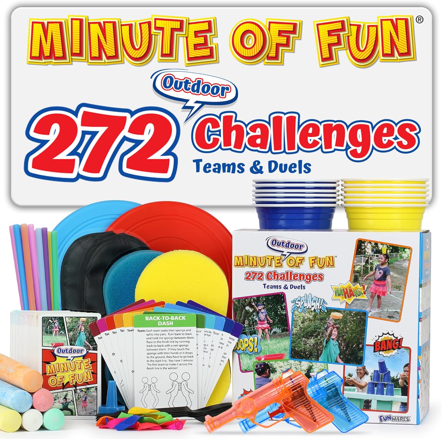 Funwares Minute of Fun Outdoor Game - 272 Minute to Win It Games, Backyard Birthdays, Home Parties, Family Fun, Activities for Teens, Camping, Travel. Most Everything Needed is Included, 2-12 Players