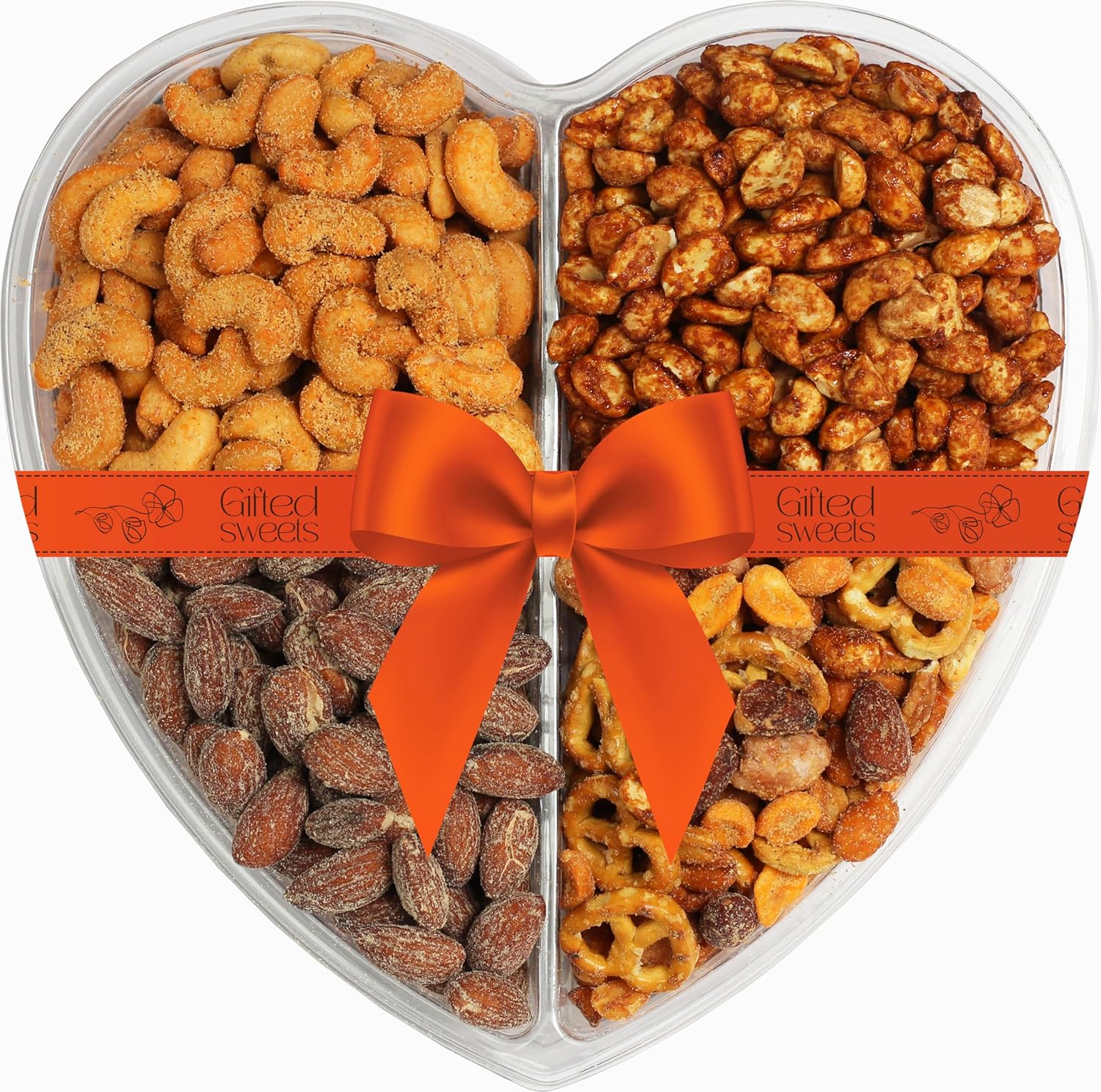 Heart Shaped Nuts Gift Tray - 4 Assortments - Variety of Sweet, Roasted, Flavored and Salted Gourmet Nut - Food Basket for Anniversary, Birthday, Thank You, Sympathy, Get Well