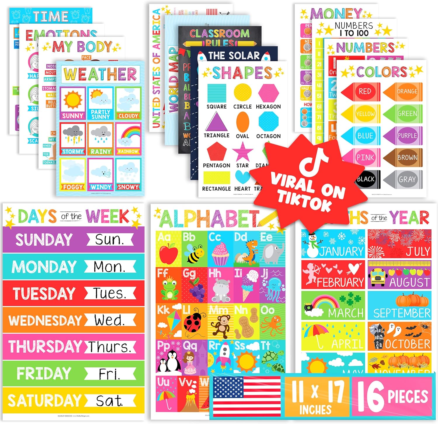 Hadley Designs 16 Educational Posters for Classroom Must Haves - Laminated Pre-K Posters for Toddler Homeschool Essentials, Toddler & Preschool Learning Activities, Kindergarten Classroom Decor