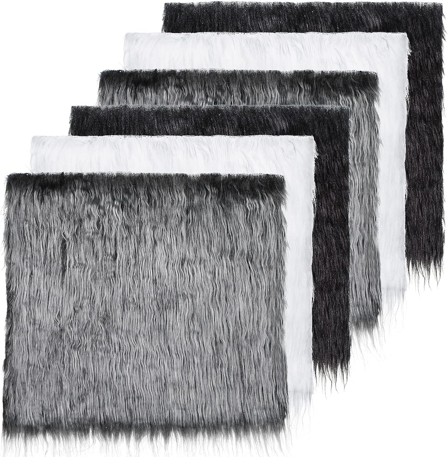 6 Pieces Fabric Shaggy Faux Fur Squares Cuts Fluffy Square Fur Patches for Cosplay Costume Craft Supply Decoration (10 x 10 Inch, Black, White, Gray)