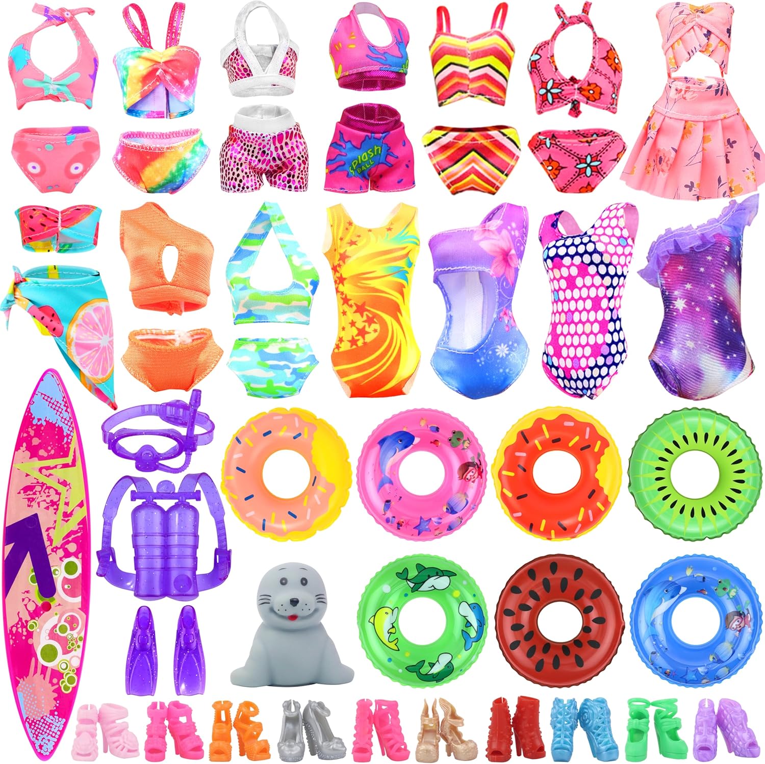 Ecore Fun 15 Items Doll Bathing Suits Pool Accessories Set for 11.5 inch Girl Dolls - 5 pcs Swimsuits, 5 Shoes, 2 Pool Floaties, 1 Set of 3 Diving Suit, 1 Toy Seal, 1 Surfboard