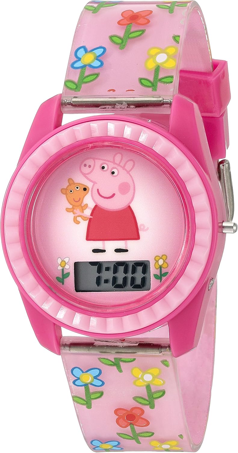 Peppa Pig Kids Digital LCD Watch – Pink Floral Strap, Easy-Read Display, Fun Cartoon Character Design, Adjustable Fit, Lightweight & Comfortable, Perfect for Girls – Fits Wrists 5.5” to 8”