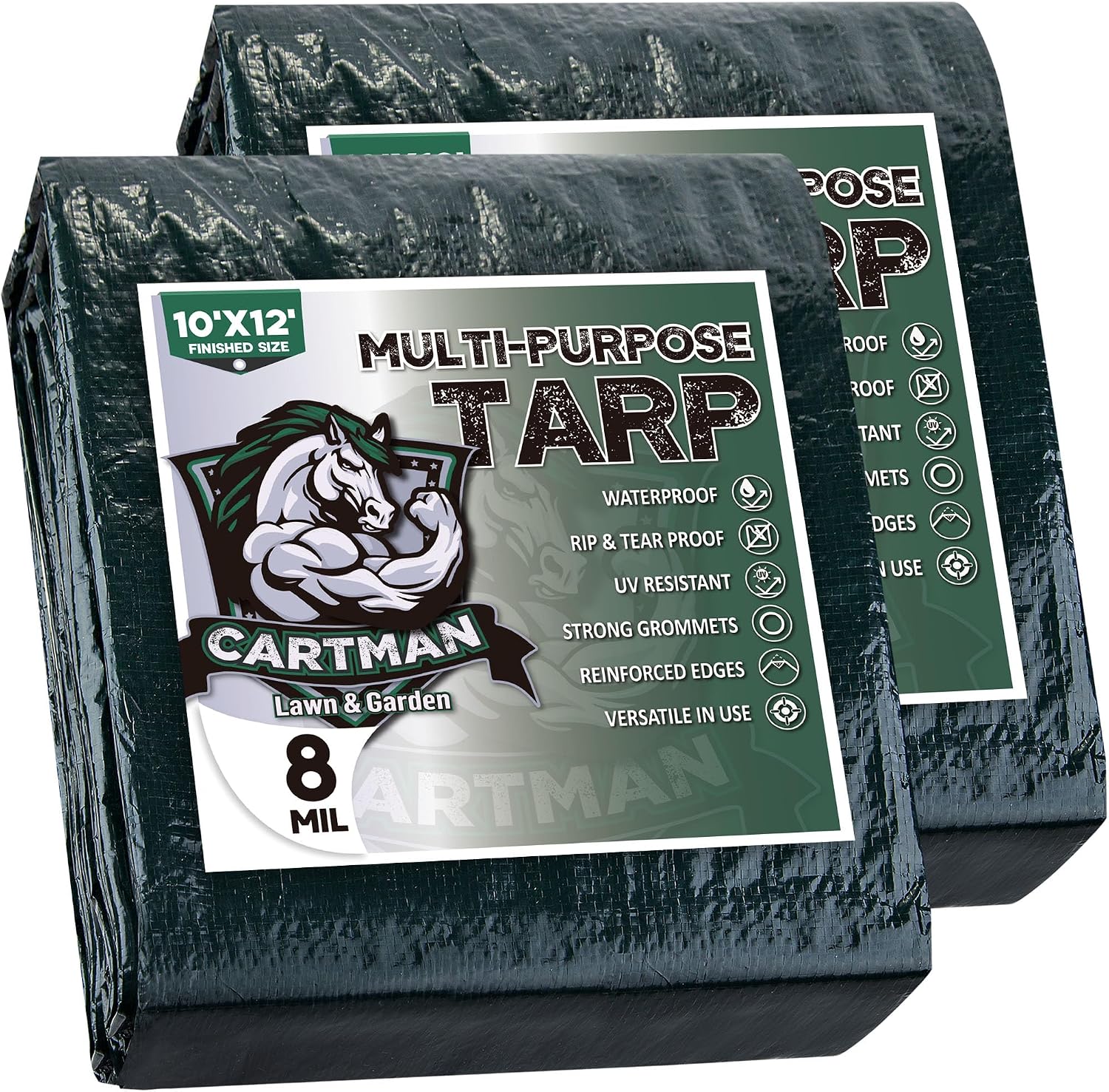 CARTMAN 2PK 10x12Ft Multipurpose Waterproof Poly Tarp Cover 8 Mil, Green