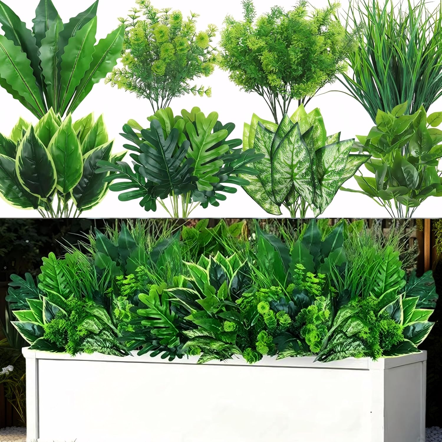 18PCS Artificial Plants Outdoor UV Resistant Fake Plants Greenery Artificial Fern Decorative for Outdoor Plastic Plant Arrangement for Garden Front Porch Window Box Planter Hanging Basket