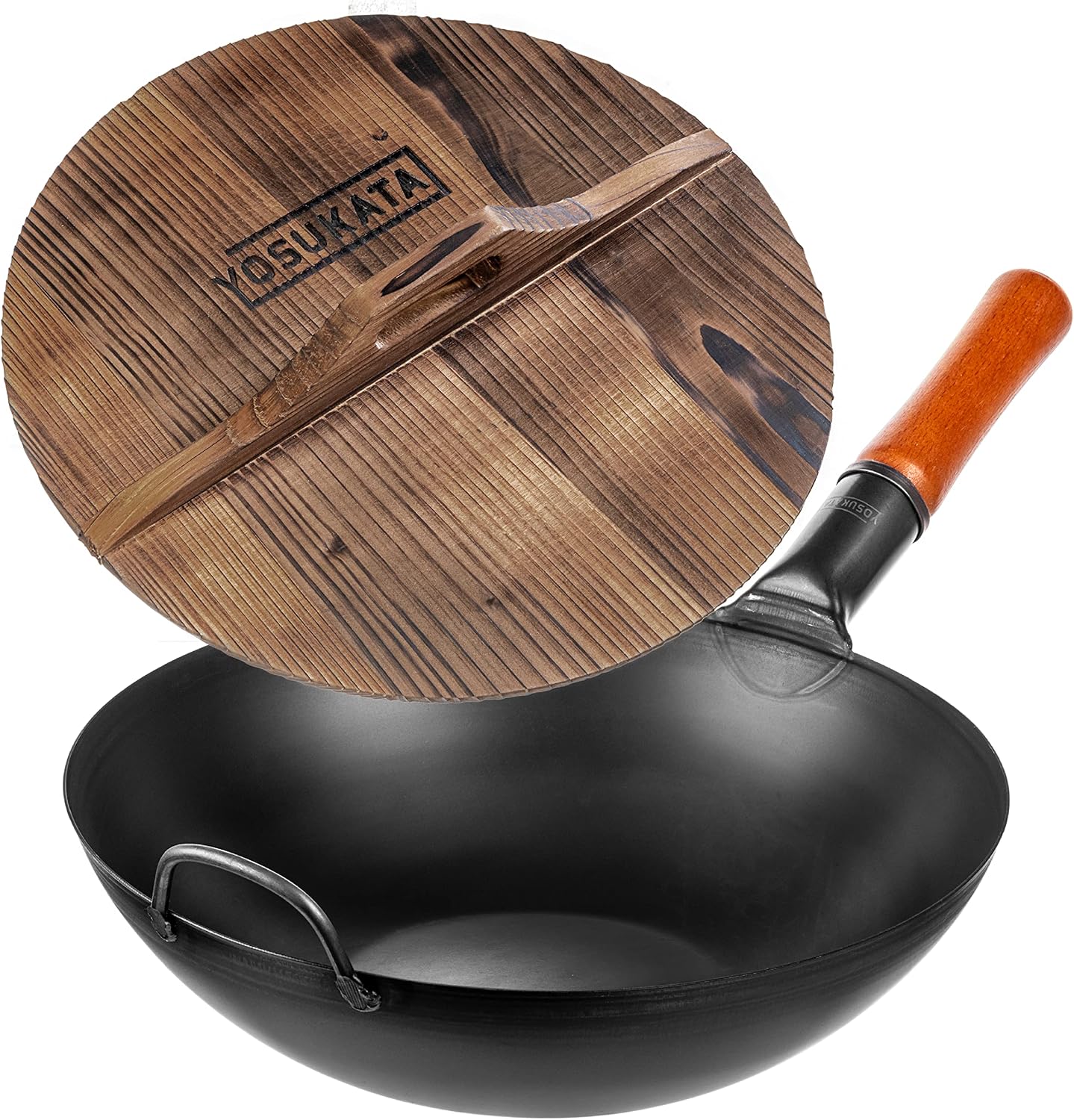 YOSUKATA Carbon Steel Wok Pan 13,5“ with Premium Wok Cover 13,5 inch Pan Lid