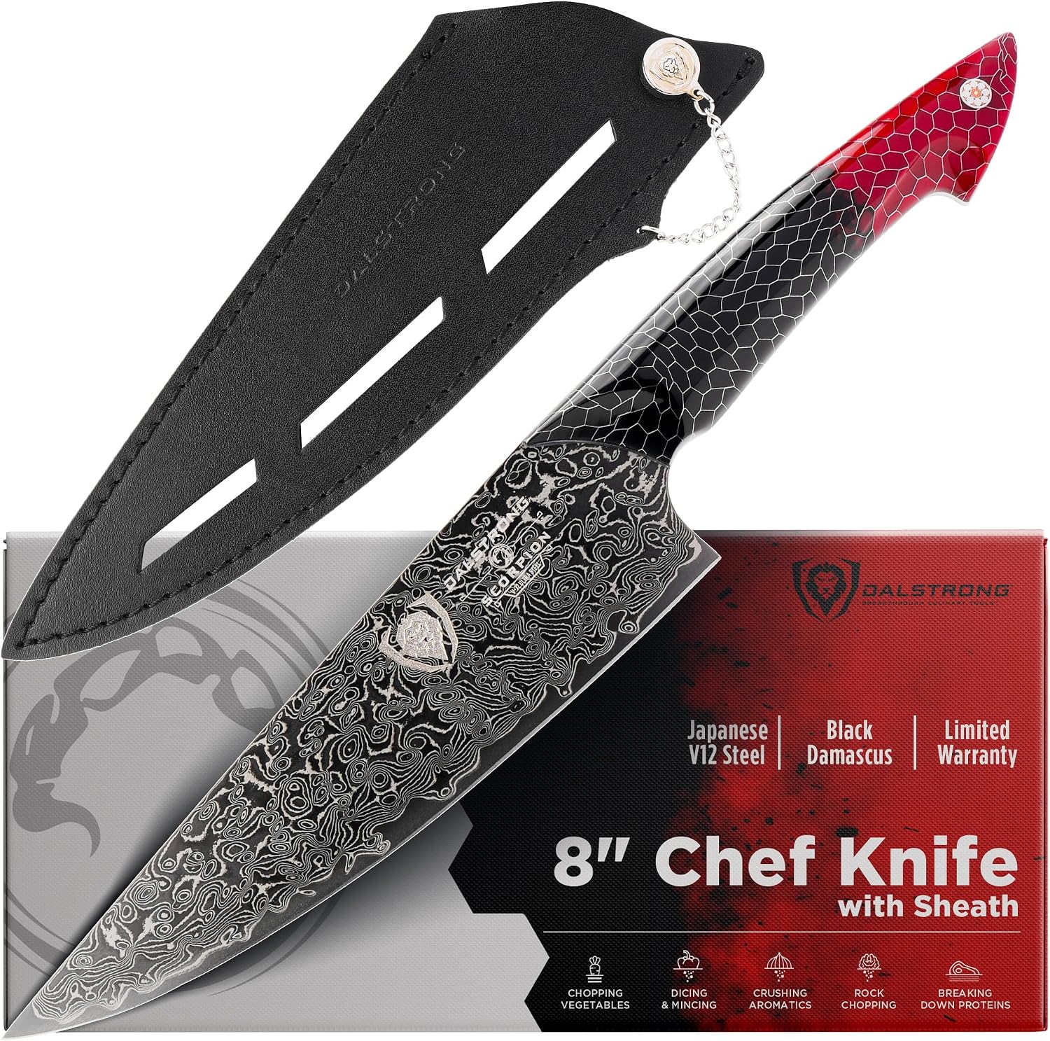 Dalstrong 8" Chef Knife — AUS-12V Steel, 66+ HRC Hardest Build — For Daily Precision Cooking & Dark Kitchen Builds — Black Damascus, Honeycomb Handle, Scorpion ELITE, customer support