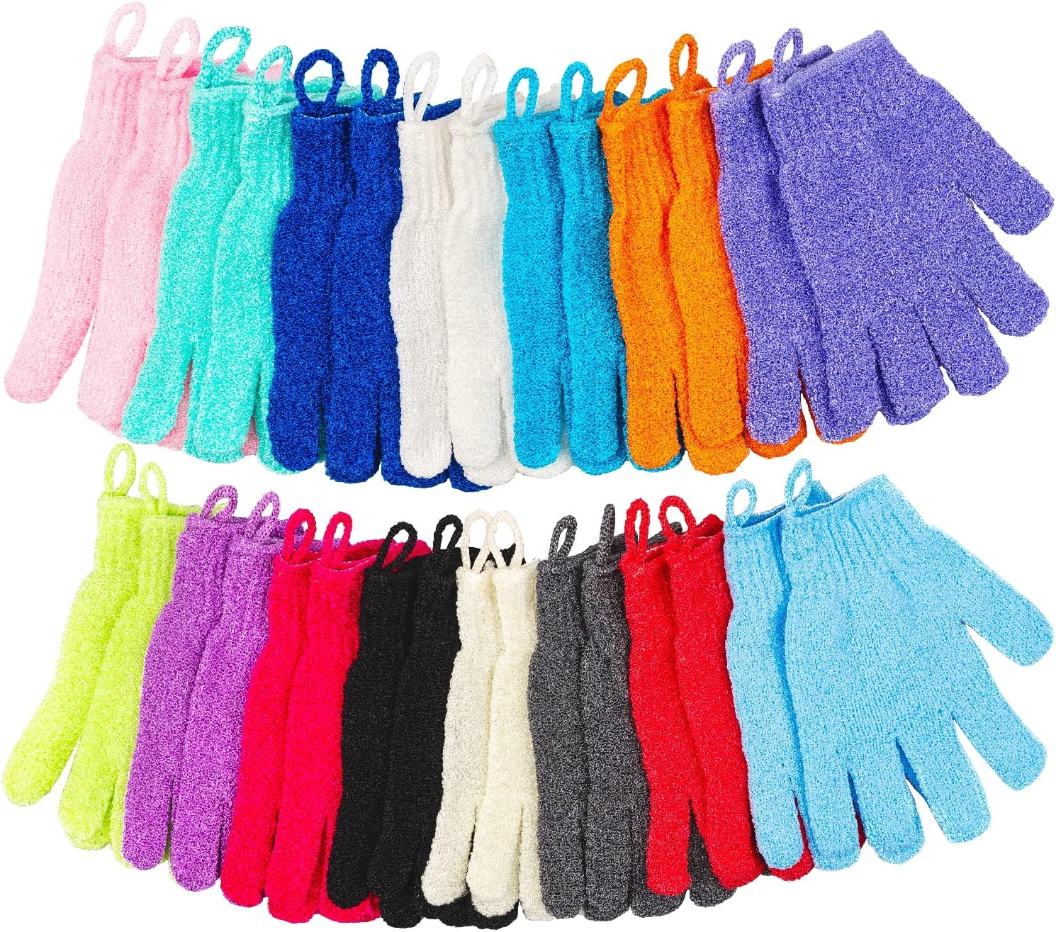 30 Pcs Exfoliating Gloves for Shower, 15 Colors Body Exfoliator Glove with Hanging Loop, Scrub Exfoliate Glove Mitt Bath Face Spa Hand Scrubber Wash Deep Scrubbing Dead Skin for Women Men, by Aisuly