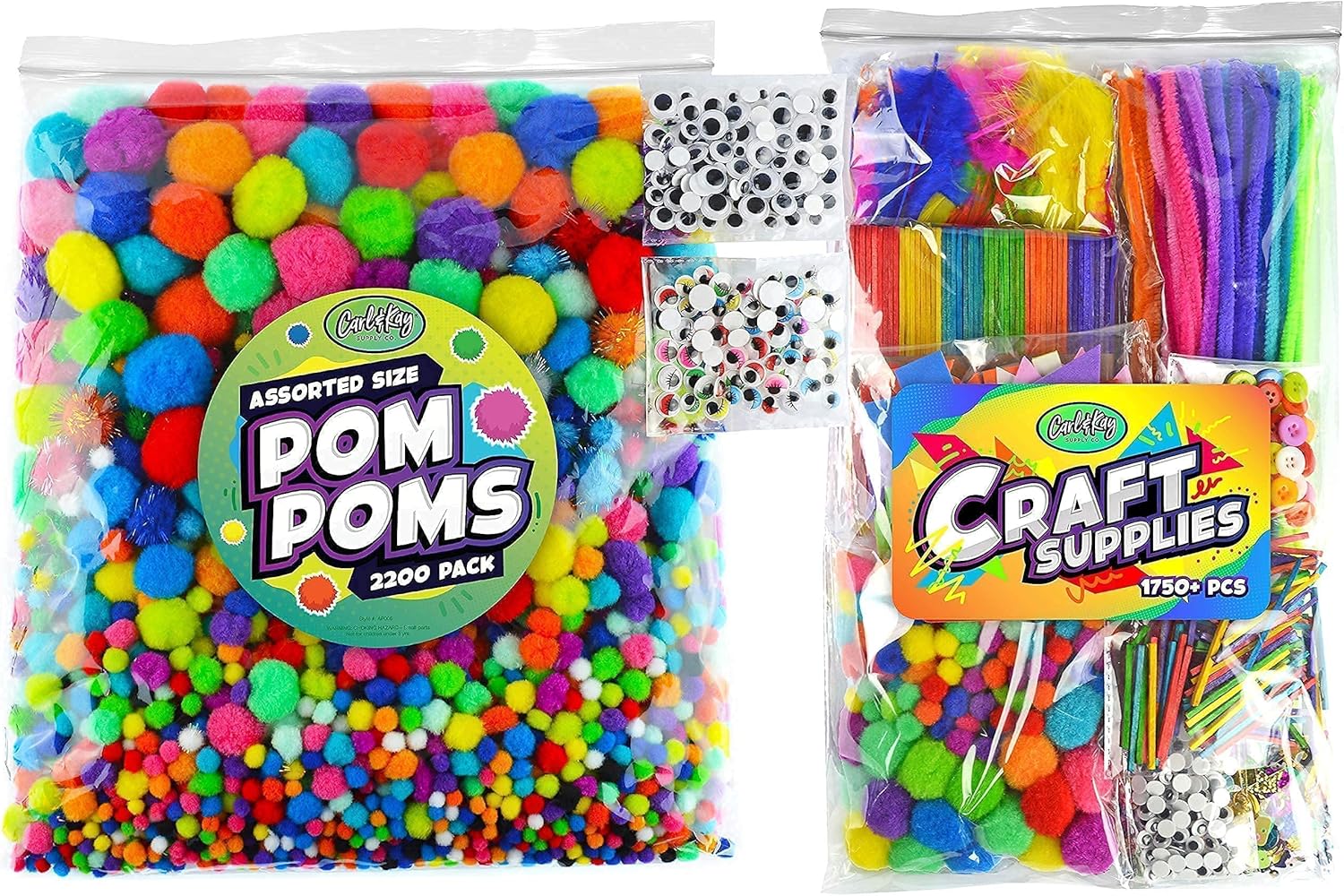 Carl & Kay Assorted Size 2000 Pom Poms, 200 Googly Eyes & 1750+ pcs Crafts Supplies for Kids
