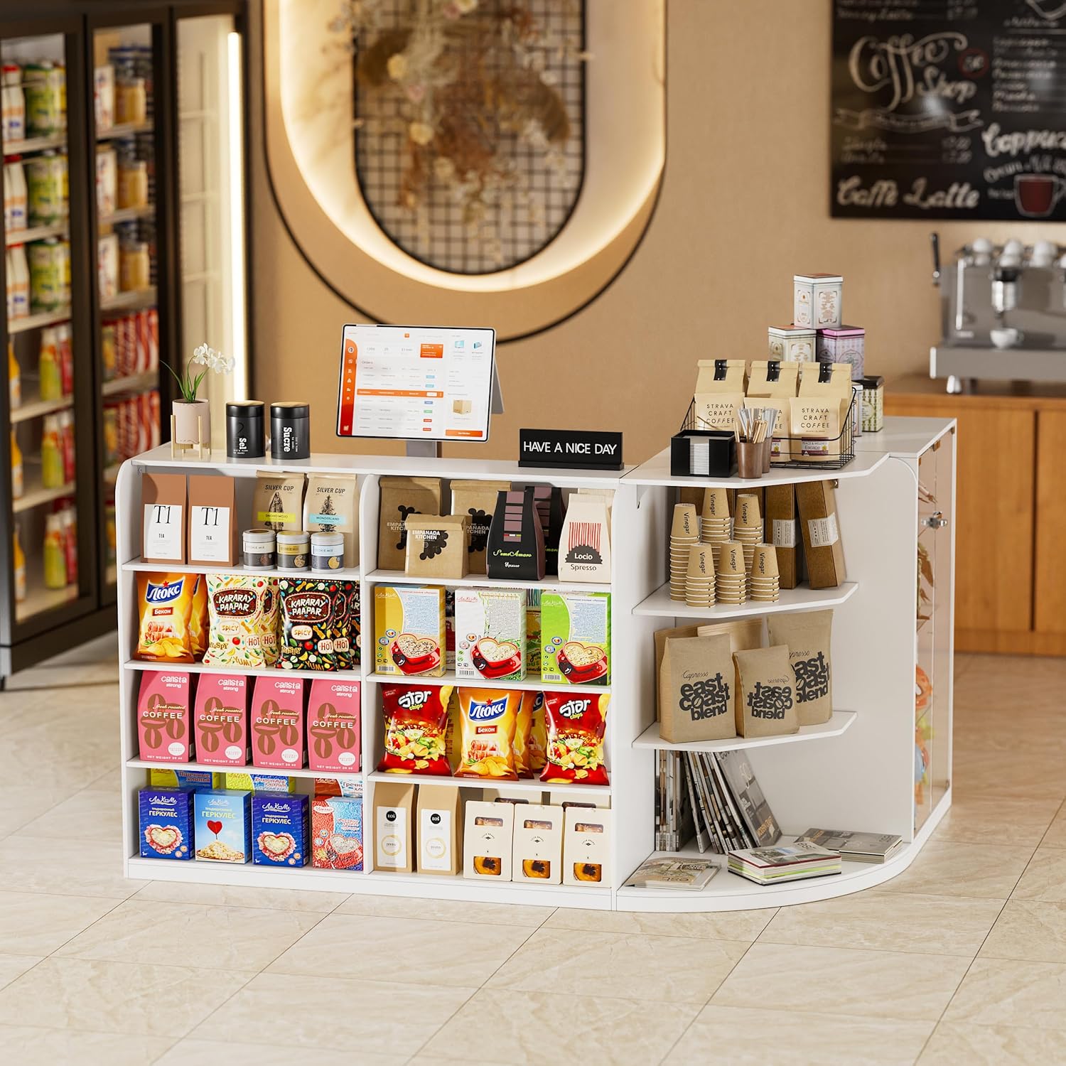 L-Shaped Reception Desk with 2 Drawers & Open Shelves,Retail Counter Front Desk Reception Counter with Transparent Display Case,Countertop,for Checkout,Lobby,Shop (70.9”W x 47.7”D x 39.3”H)