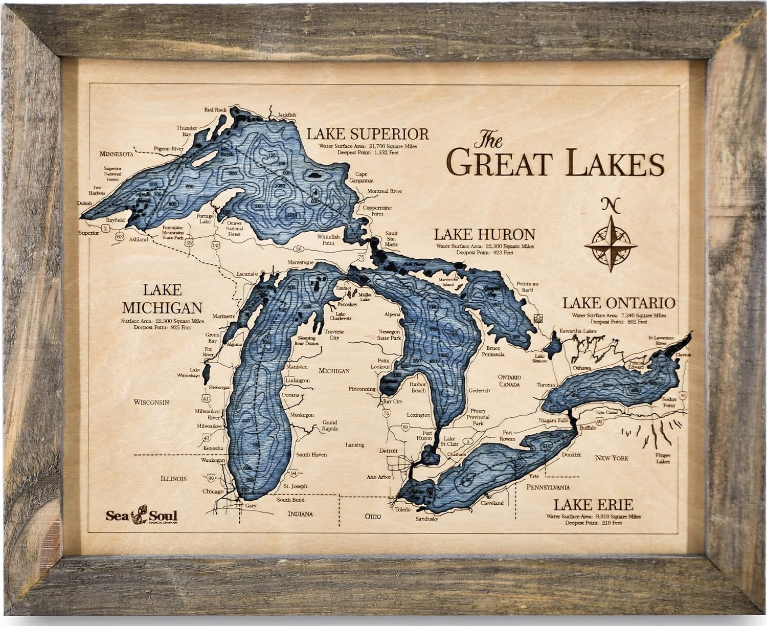 Sea & Soul Great Lakes Nautical Decor Wall Art, 13"x16" 3D Wood Map, Handcrafted Unique Gifts, Carved Lake Art, Lake House Decor (Rustic Pine/Deep Blue)