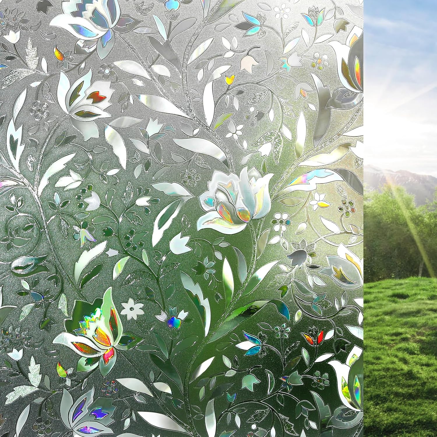 rabbitgoo Window Privacy Film, Stained Glass Cling, Tulip 17.5" x 78.7"