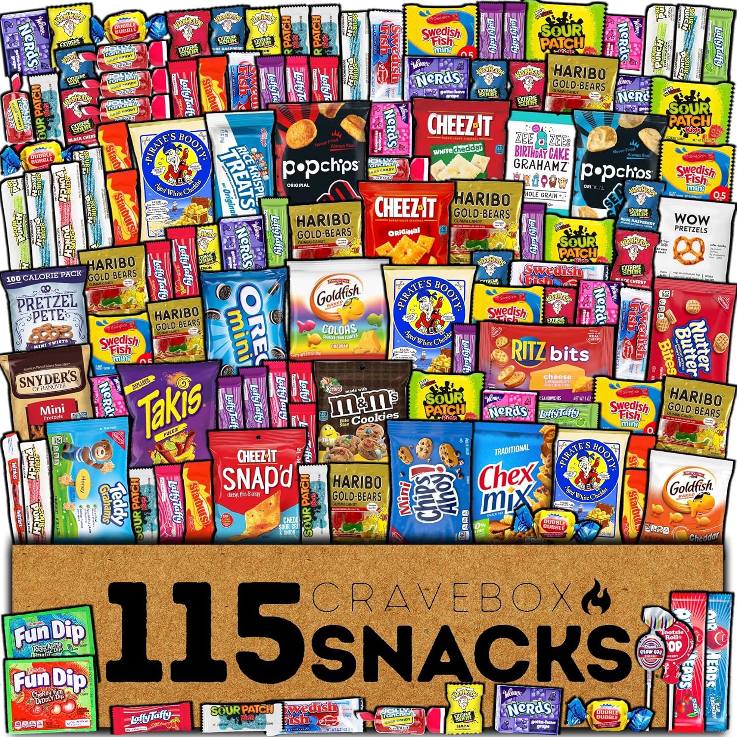 CRAVEBOX Snack and Candy Box (115 Count) Father's Day Variety Pack Bundle Assortment Gift Basket Adults Kids Care Package Boyfriend Birthday Office College Teen Boys Men Students Food College School