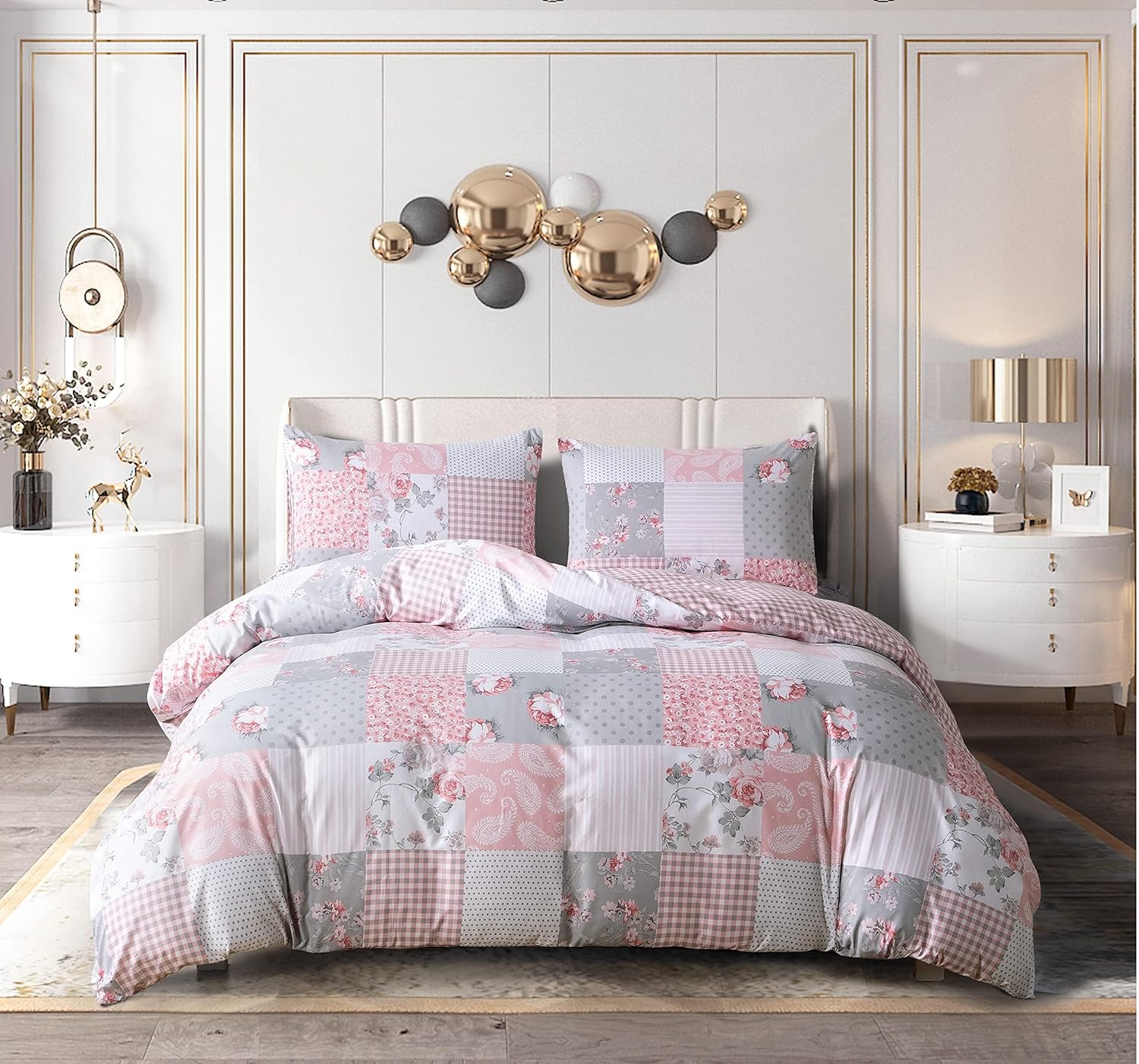 PRIME LINENS Polyester Cotton King Duvet Cover Set 4 Pcs Bedding Set 1 Quilt Cover 2 Pillow Cases And 1 Fitted Sheet Included Machine Washable (Floral Grey)