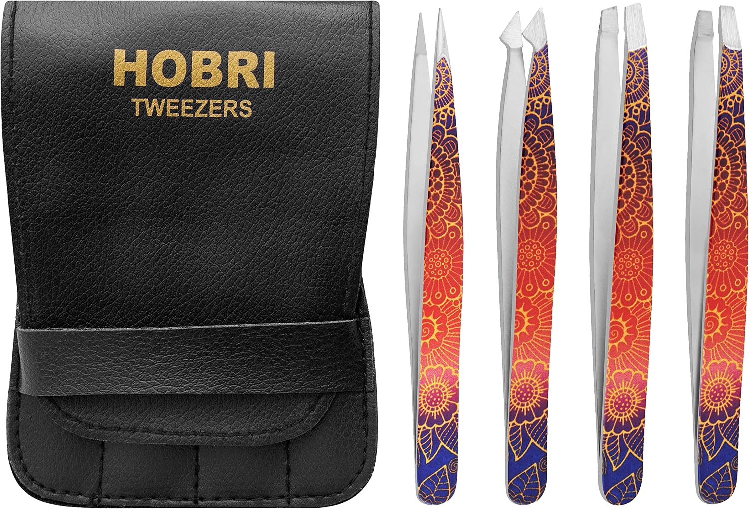 Tweezers Set, Eyebrows Tweezers Set Professional Stainless Steel Tweezers Set - 4 Pieces with Leatherette Travel Case Perfect for Facial Hair, Beauty and Personal Care Tool (Red/Blue)