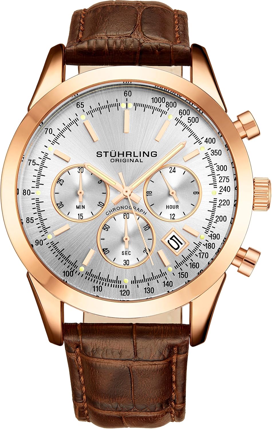 Stuhrling Original Mens Dress Watch Chronograph Analog Watch Dial with Date - Tachymeter 24-Hour Subdial Mens Leather Strap - Watches for Men Rialto Collection