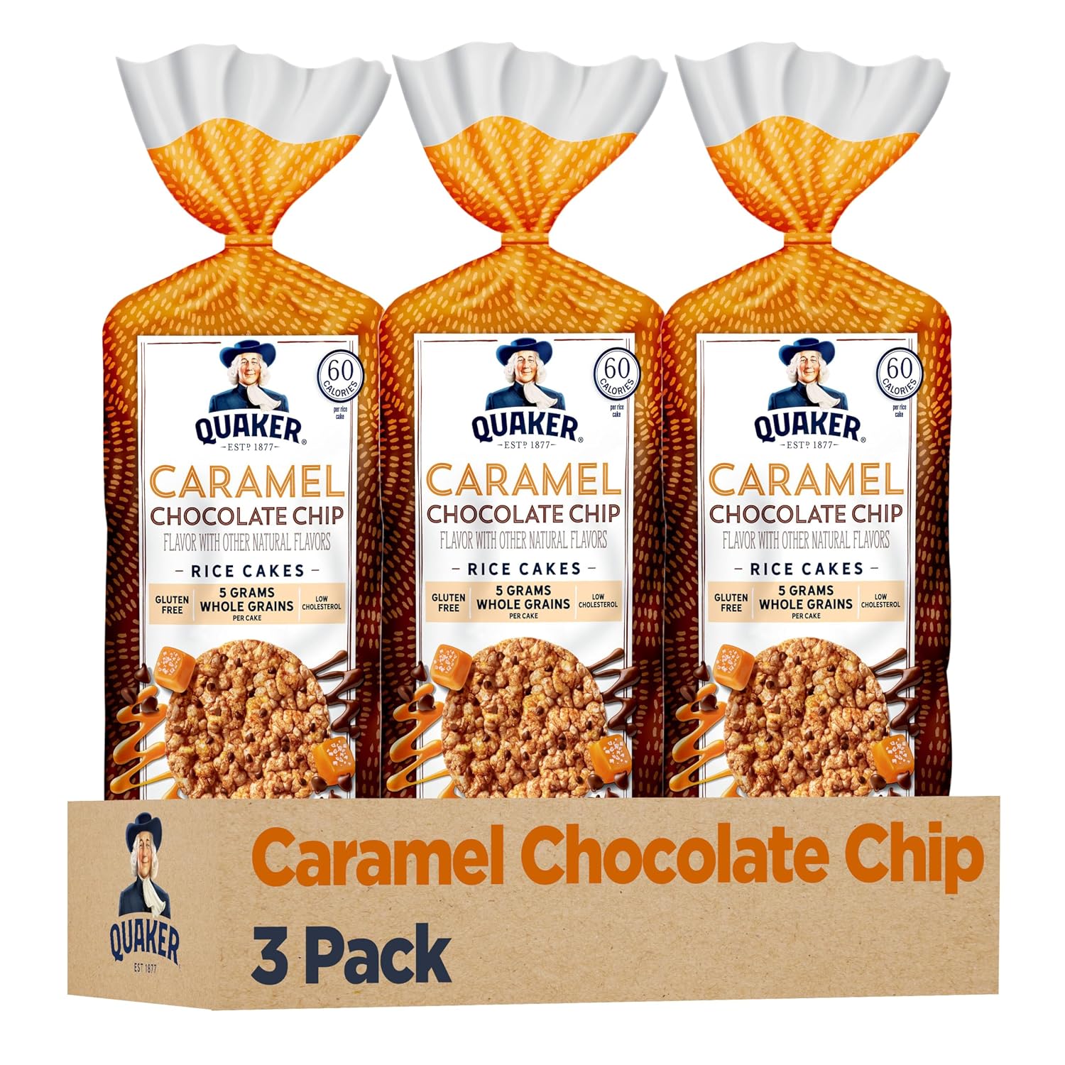 Quaker Large Rice Cakes, Caramel Chocolate Chip, 7.4 oz Bags, (3 Pack), Gluten Free, Whole Grain, No Artificial Flavors