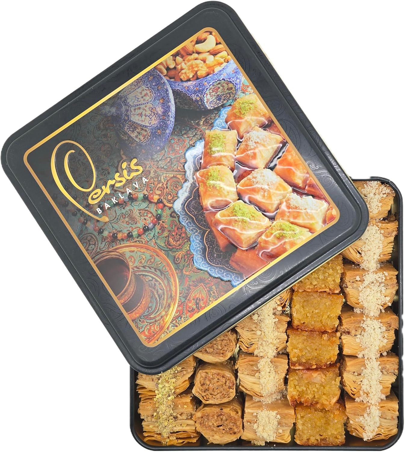 Persis Premium Assorted Baklava -Tin Sweets Gift Box |600g SALSA Certified Baclava| Handmade Filo Pastry | Cashew, Almond Filling & Pistachio Baklava | Vegan Gifts (32 Pieces, 600g)