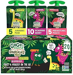 GoGo squeeZ Fruit & veggieZ Applesauce and Puree Variety Pack, Jurassic Pear, Roarrrr Berry & Prehistoric Peach, 3.2 oz (Pack of 20), Unsweetened Snacks for Kids, BPA Free Pouches