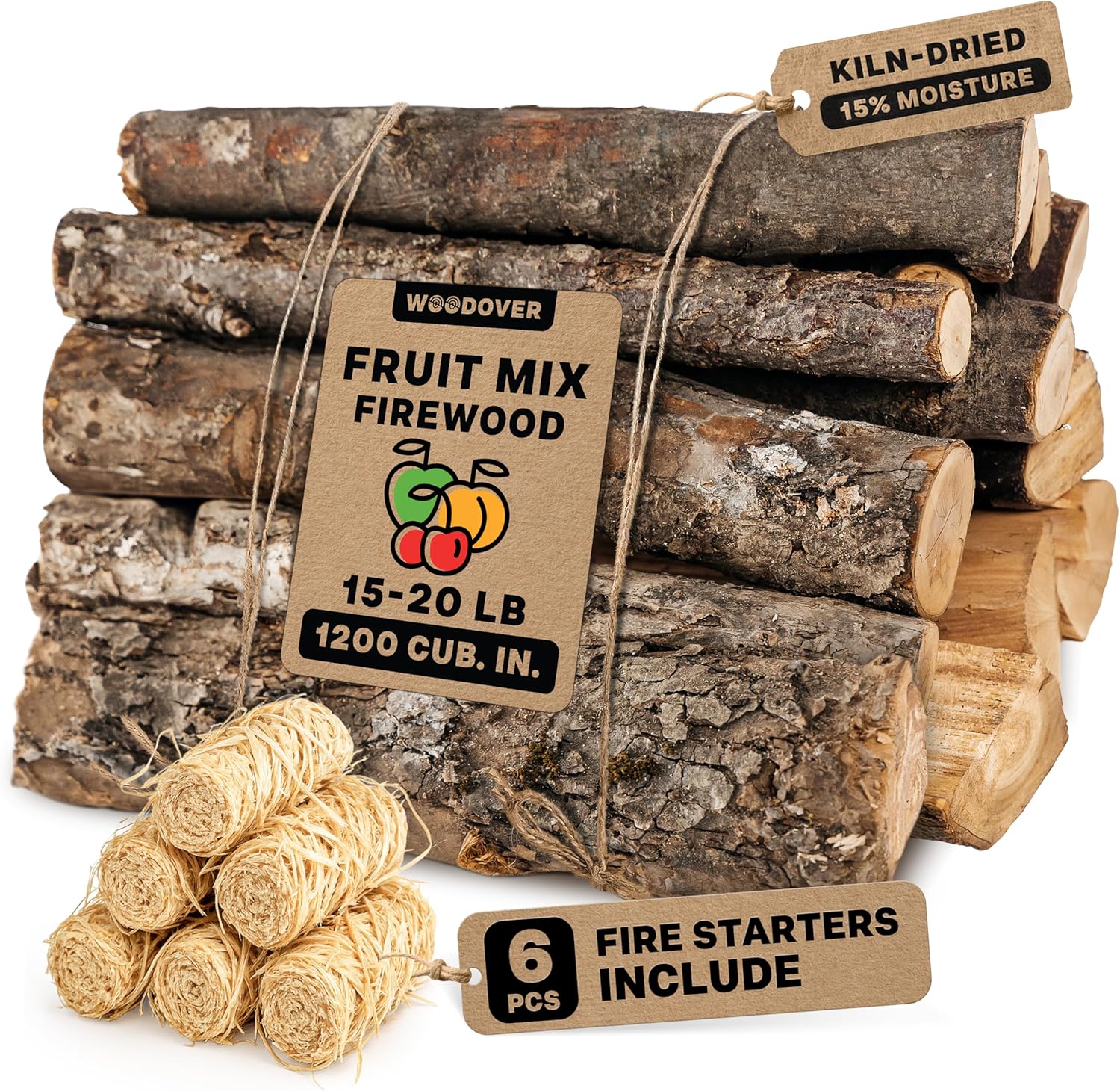 15" Apple & Cherry Firewood Logs with Fire Starters Set - Kiln-Dried Firewood for Fire Pit, Seasoned Wood for Fireplace, Campfire & Pizza Oven - Split Wood for Solo Stove - 1200 cu. in., 15-20lb