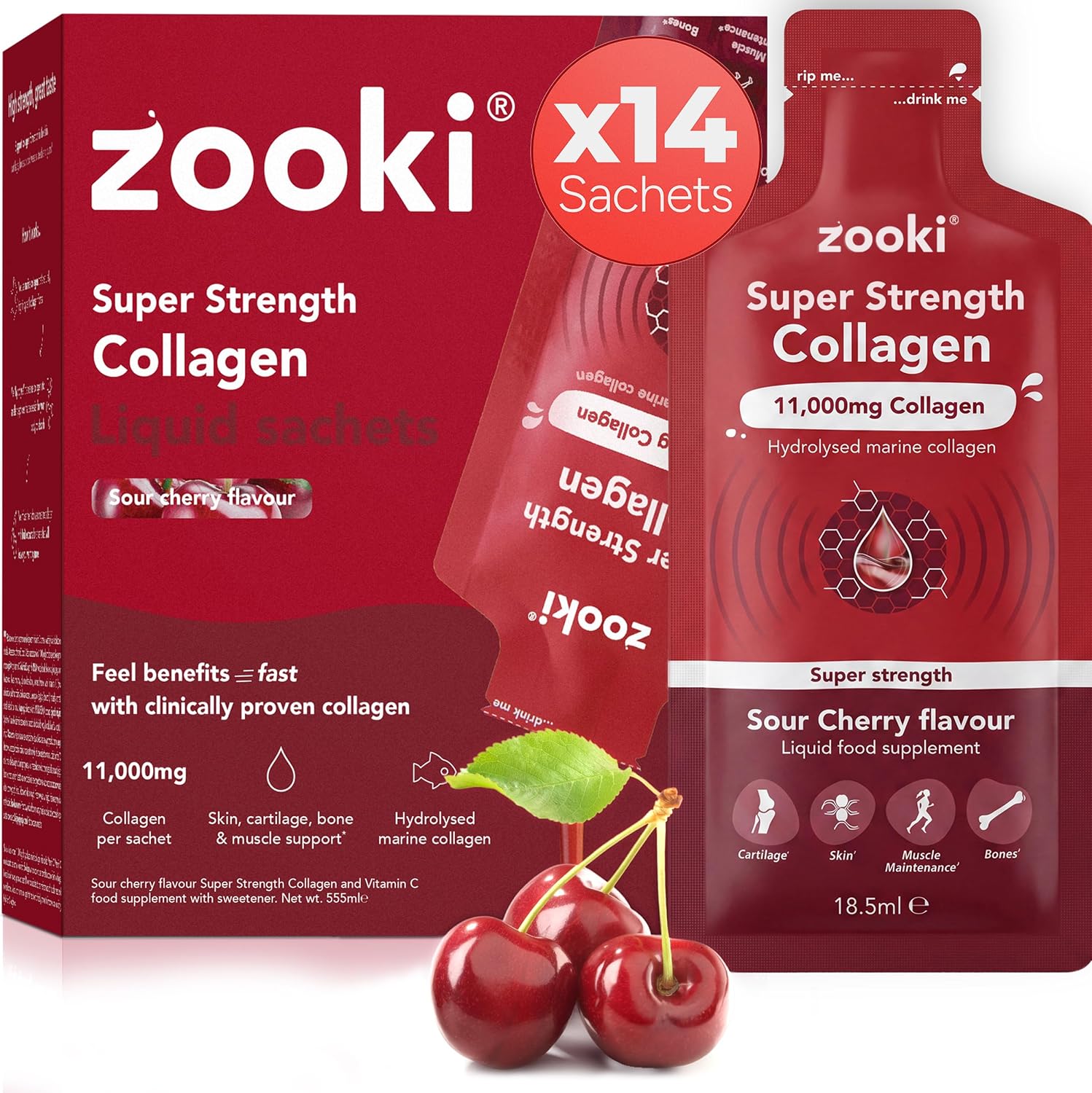 Zooki Marine Collagen 11,000mg Liquid Sachets, Sour Cherry, 14 Servings