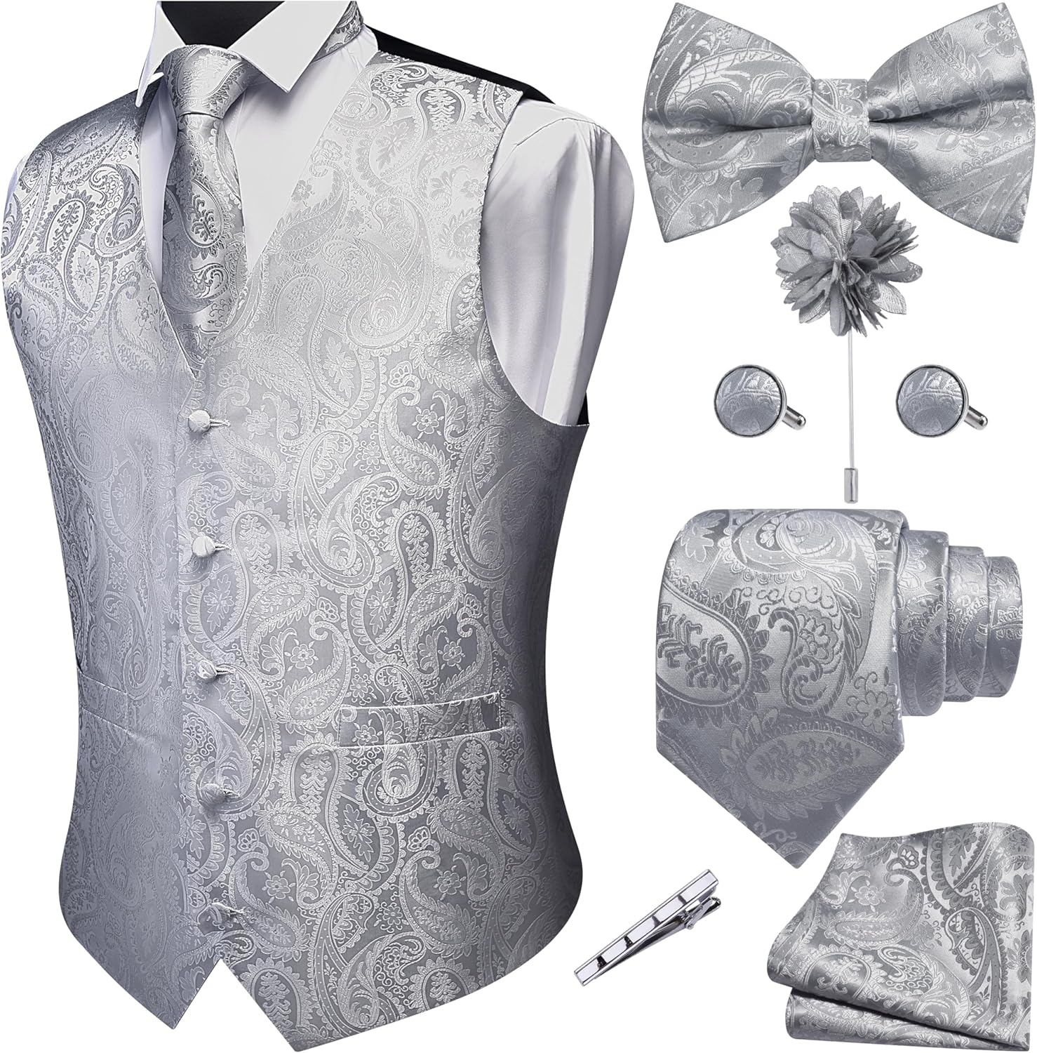 GUSLESON Men's V-Neck Suit Vests Formal Men Vest Paisley Jacquard Tie Waistcoat Bow tie Hanky Set Wedding 7PCS